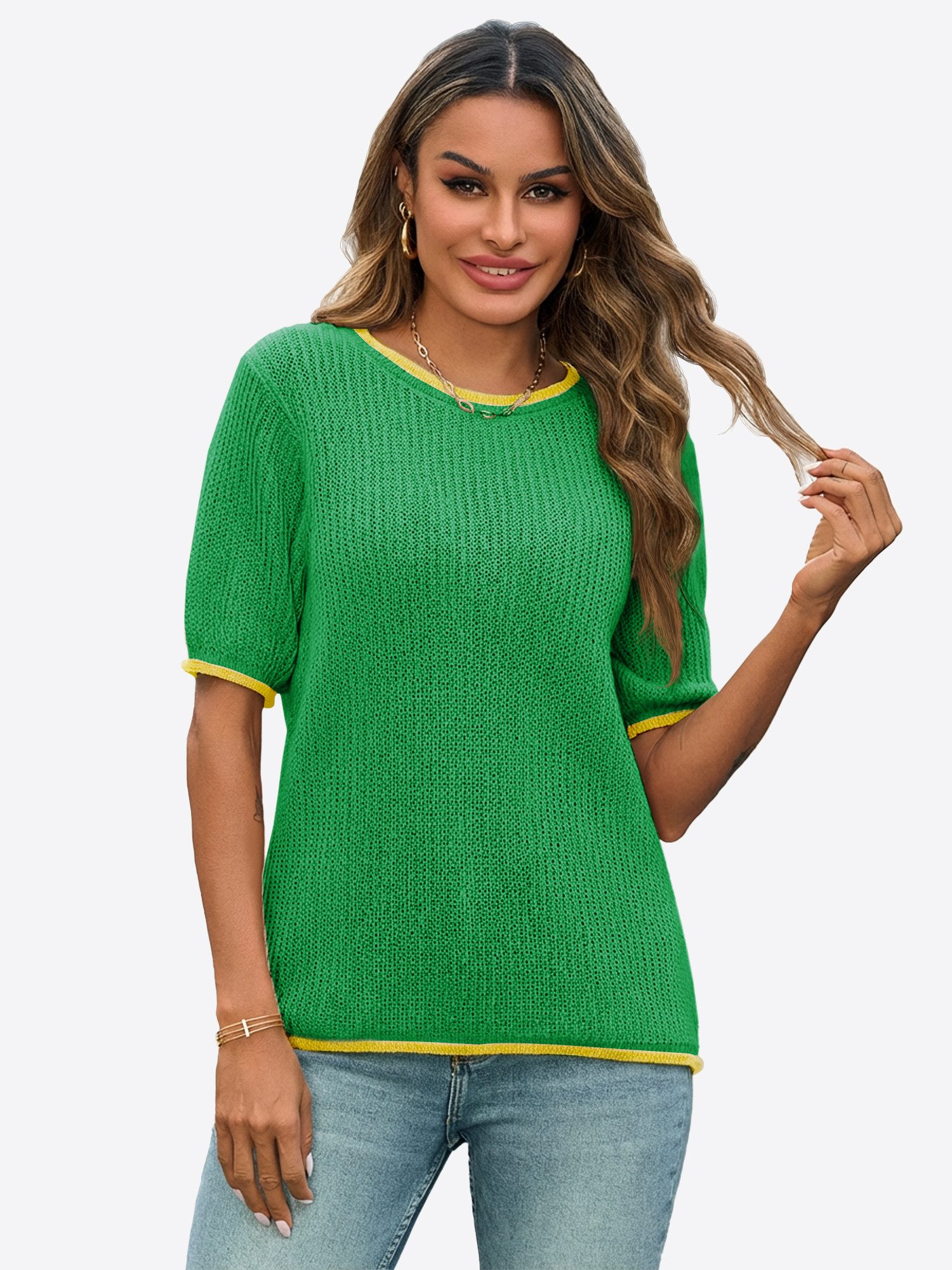 Imily Bela Kurzarmpullover Damen Kurzarm Strickpullover mit Puffärmeln Rundhals Sommer (Packung, 1-tlg., 1per-Pack) mit Kontrastborten gehäkelt