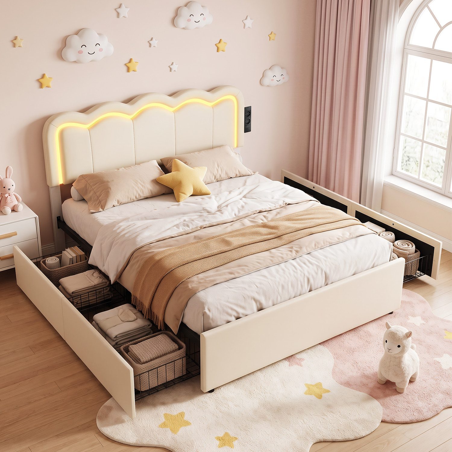 oyajia Polsterbett Kinderbett Stauraumbett, Ladestation & LED-Beleuchtung,PU-Kunstleder (Kopfteil hochstellbar, 4 Schubladen), Modernes Jugendbett, Leises Design Bett, Max. Belastbarkeit 350 kg