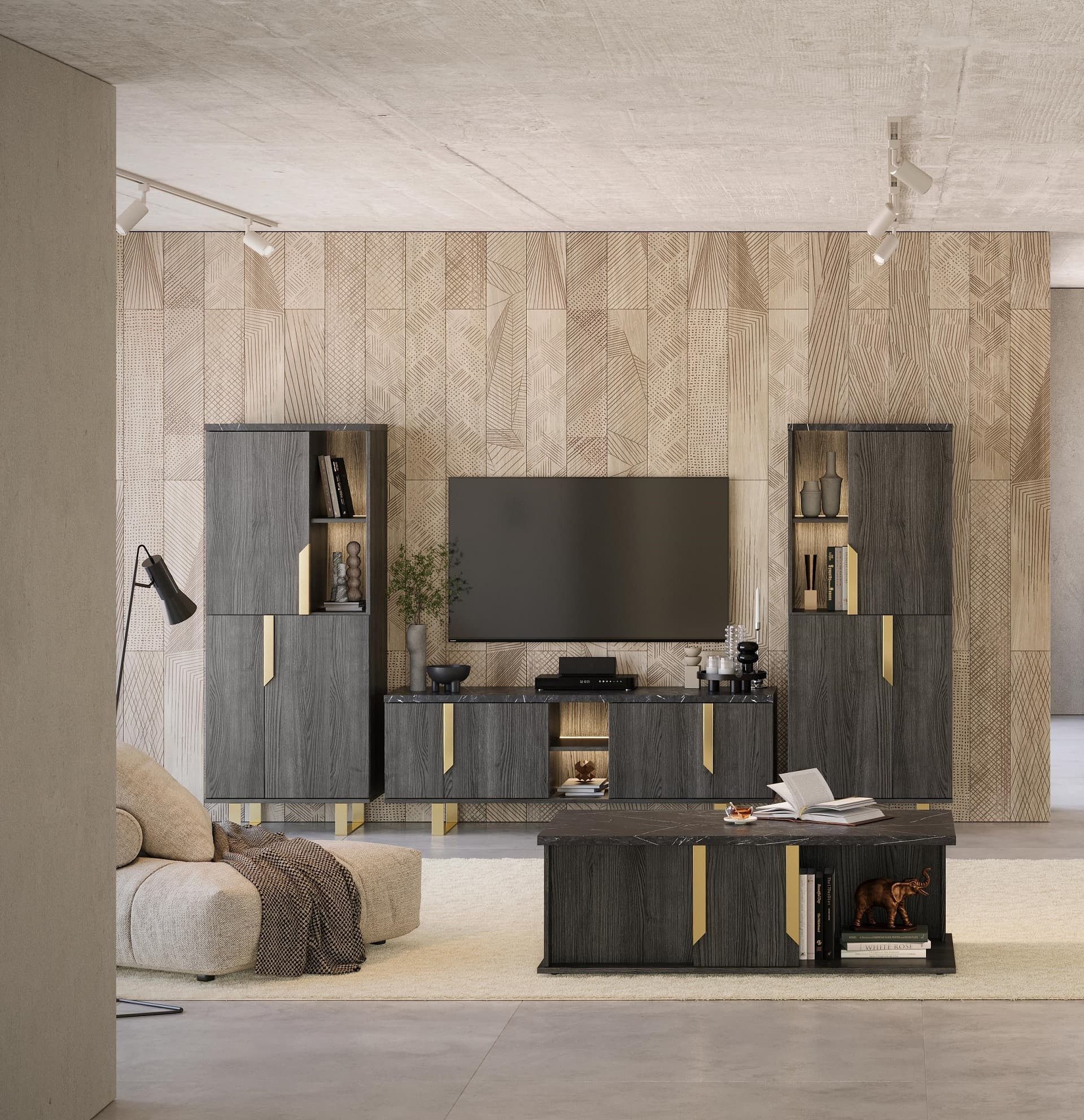 Interdesign24 Wohnwand Orion, (in dunkler Rosenholzoptik mit Marmoroptik und goldfarbenen Griffen, 4-Teilig), Made in Italy