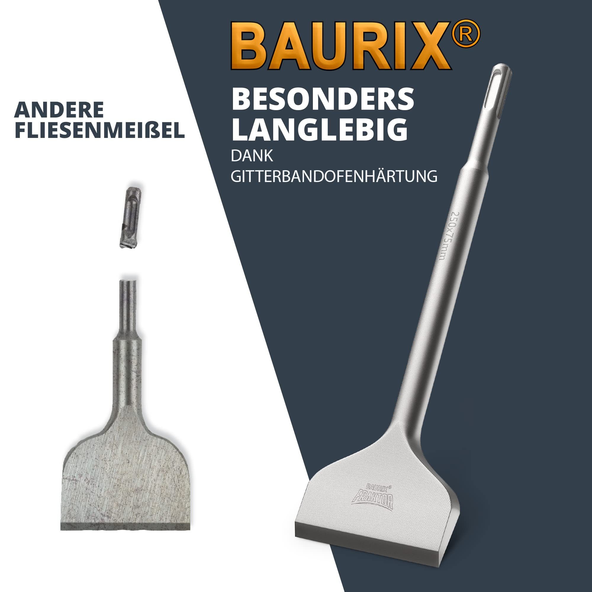 BAURIX Flachmeißel SDS Plus Meißel I FRAKTOR®-System - Mühelos Fliesen entfernen, 250 in mm, für SDS Plus, (Abgewinkelter Flachmeißel breit für Fliesen und Fliesenkleber) I 42CrMo-Spezialstahl