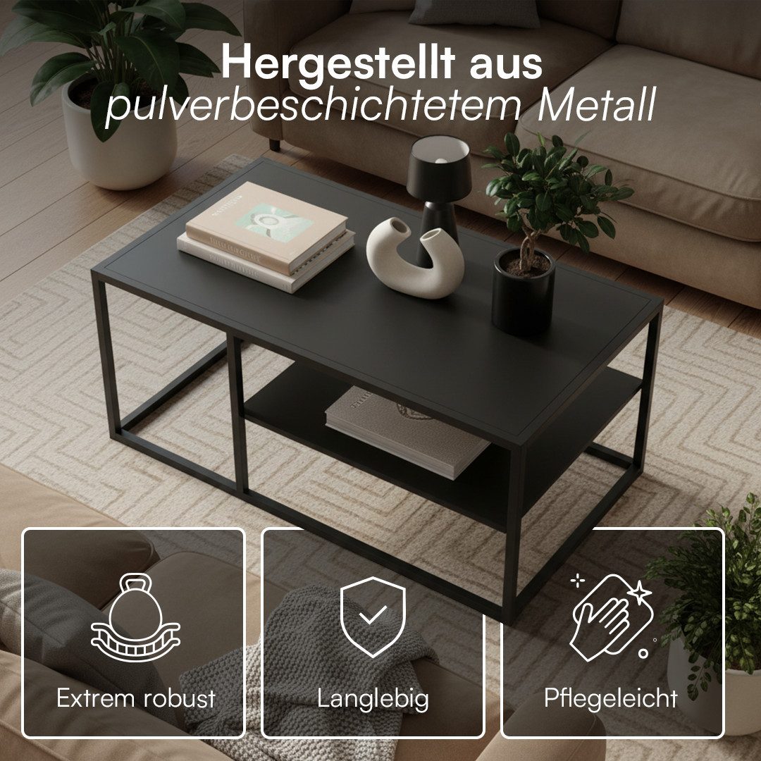 skølm Couchtisch Skadi aus Metall mit 2 Ablagen (Schwarz), Wohnzimmertisch mit verstellbaren Füßen, 45x100x60 cm (HxTxB) – Bild 5 von 5