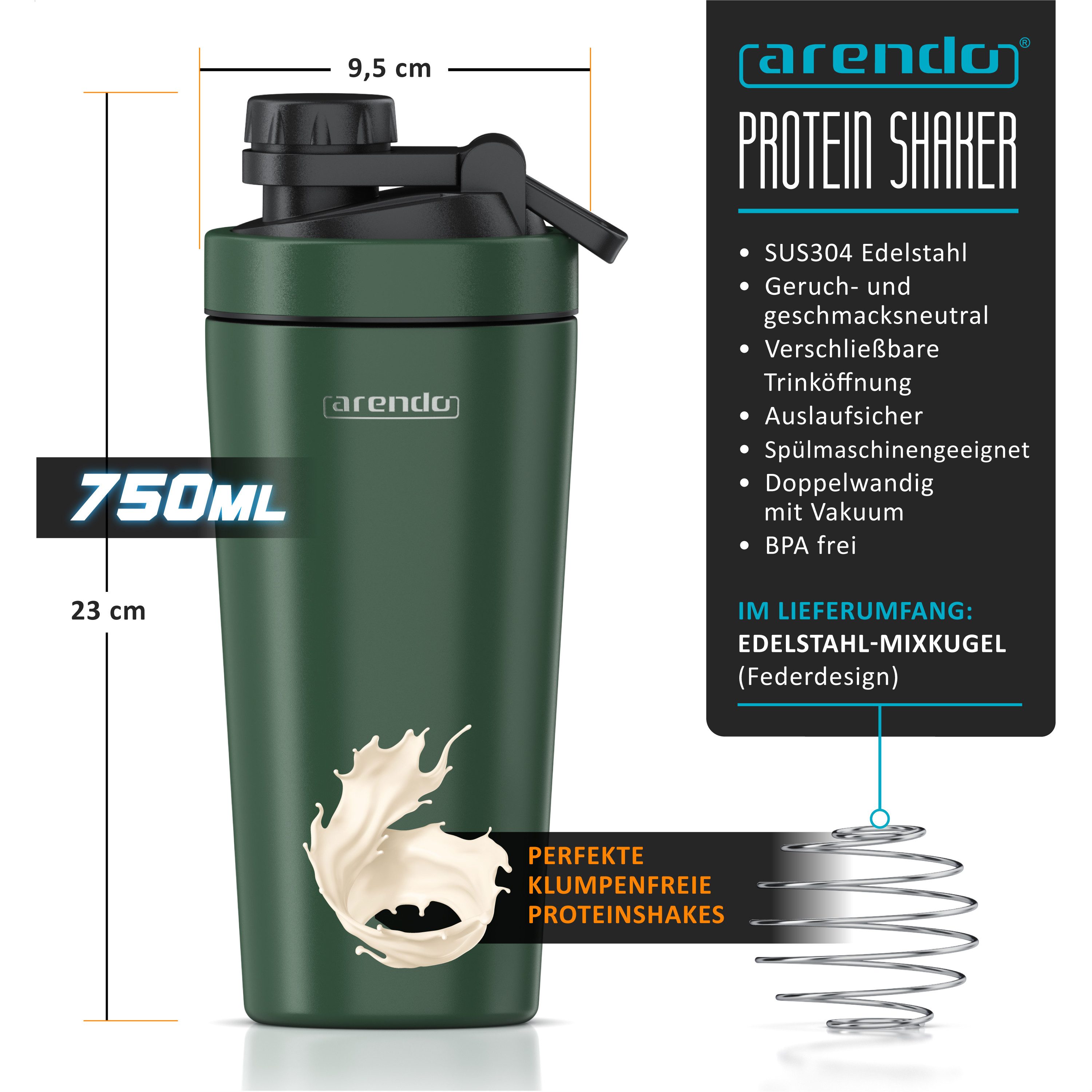 Arendo Protein Shaker Edelstahl Eiweißshaker 750 ml, verschließbar, bruchfest, BPA-frei, Edelstahl, auslaufsicher, spülmaschinengeeignet, mit Tragegriff und Mixball