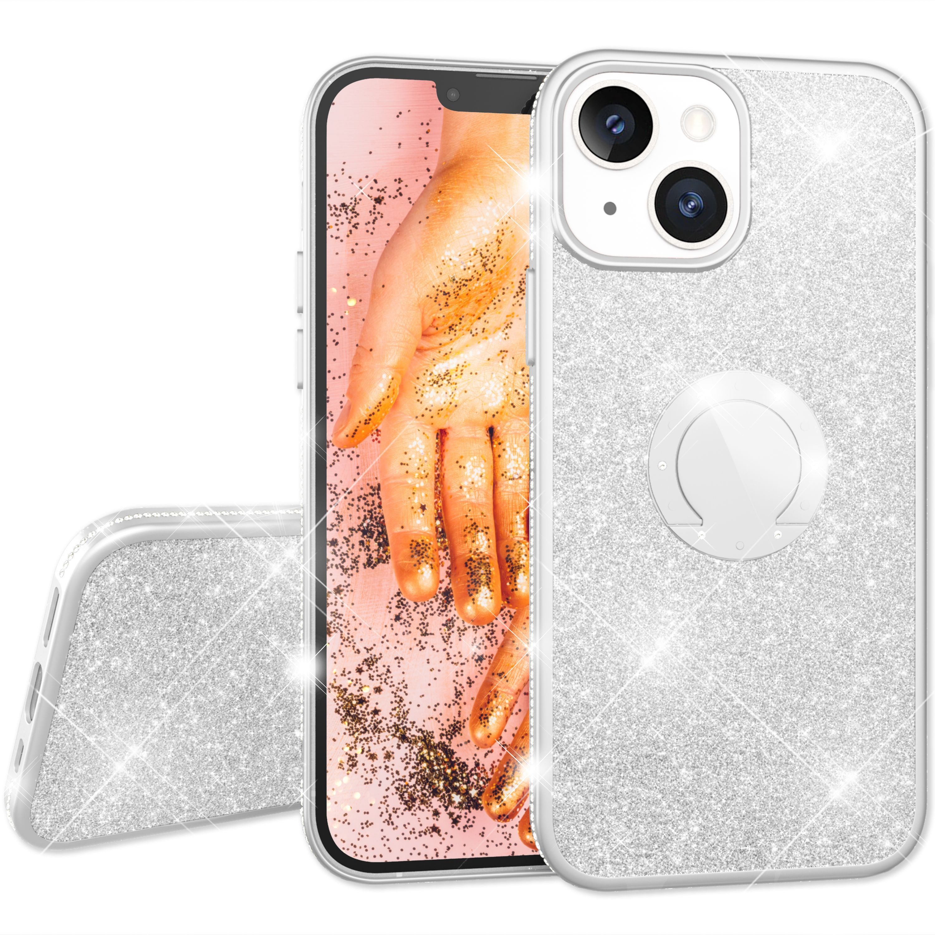 Nalia Smartphone-Hülle Apple iPhone 13 15,5 cm (6,1 Zoll), Glitzer Ring Silikon Hülle / 360 Grad Finger-Halter / Standfunktion
