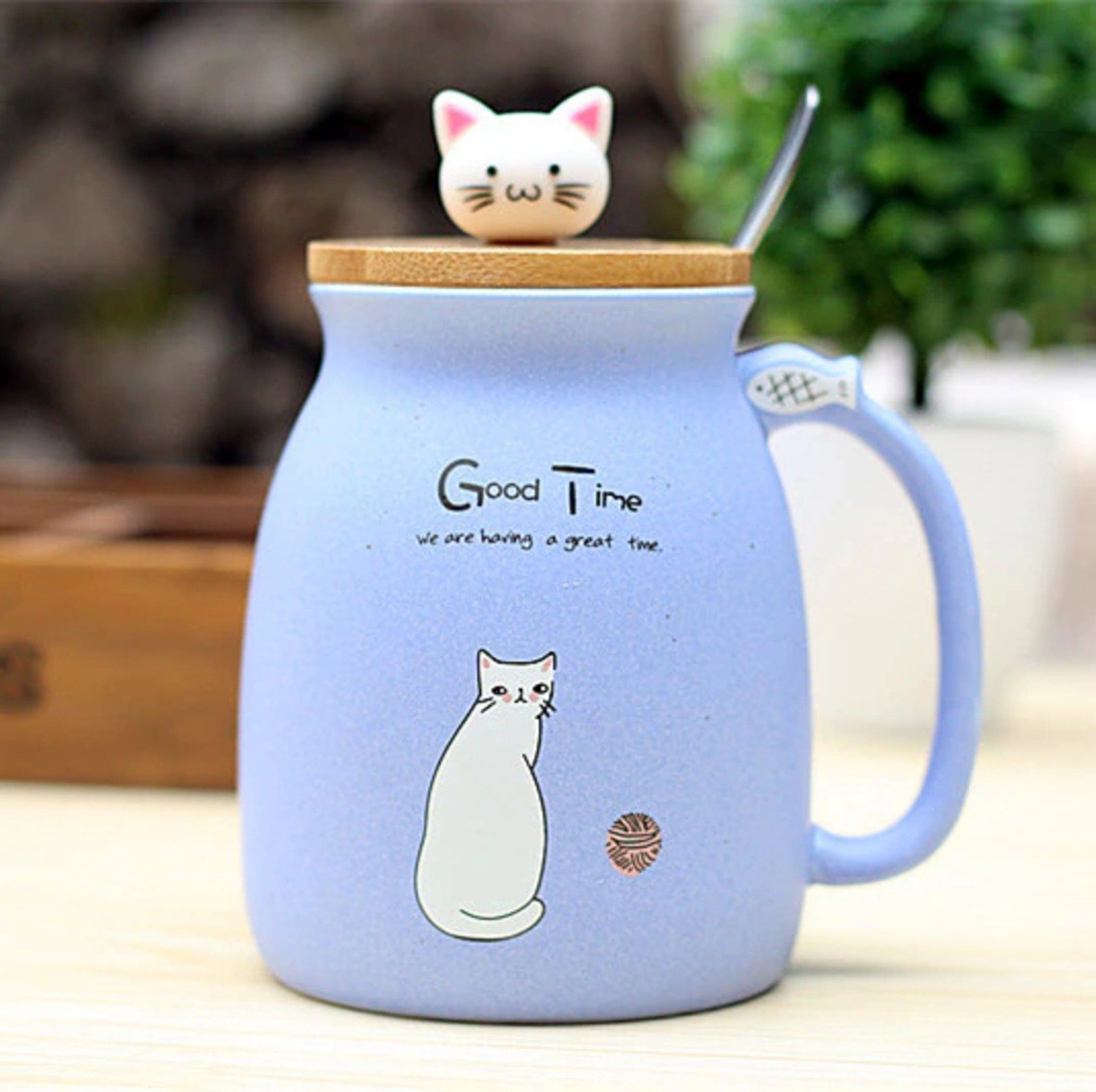 Einemgeld Tasse Schöne Katze Keramik Tasse, 450ml Teetasse Edelstahl Löffel, Lila