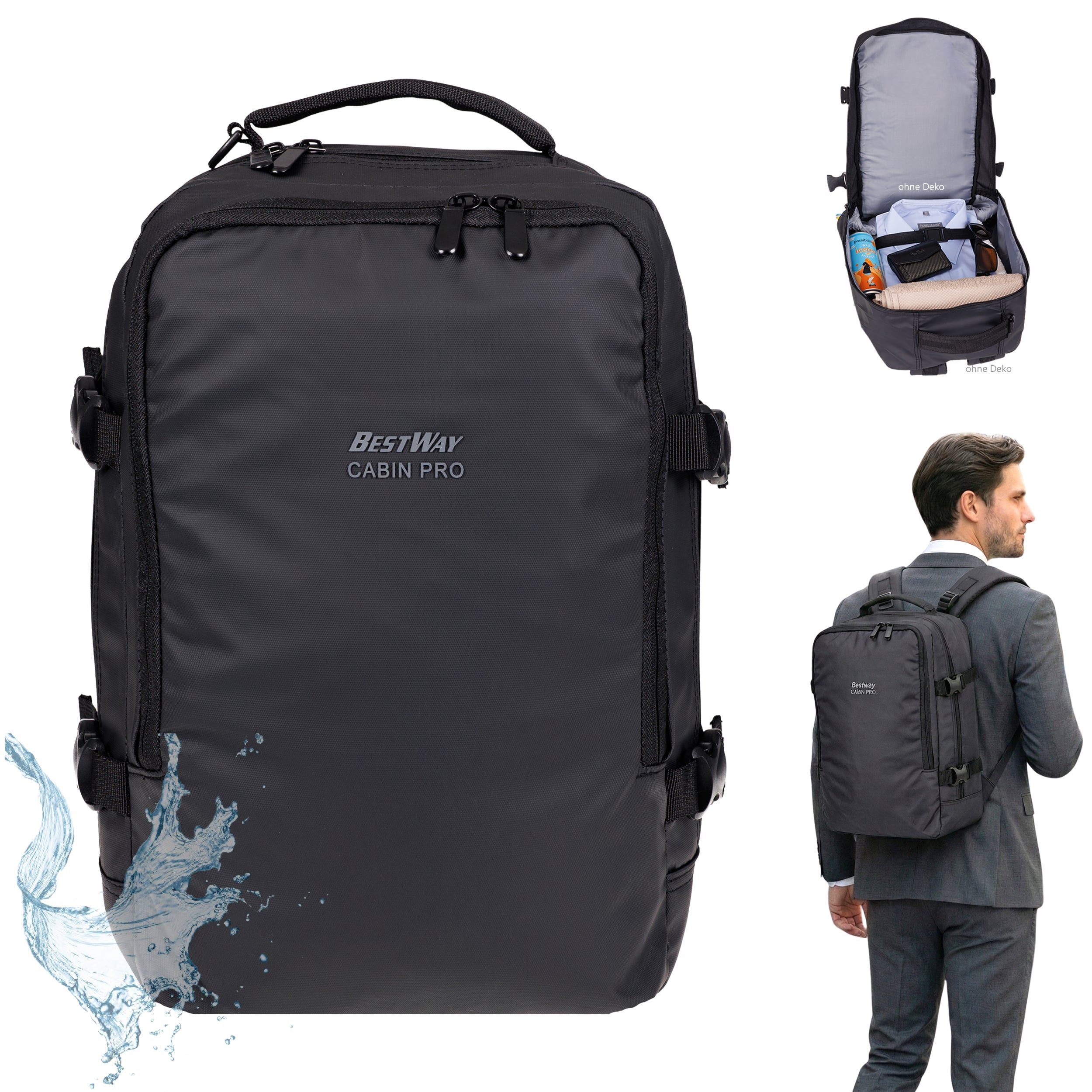 BestWay Bags Reiserucksack Handgepäck Rucksack für Ryanair aus Plane, Cabin Pro Flugzeug Kabinenrucksack Laptoprucksack 40350 + Koffergurt