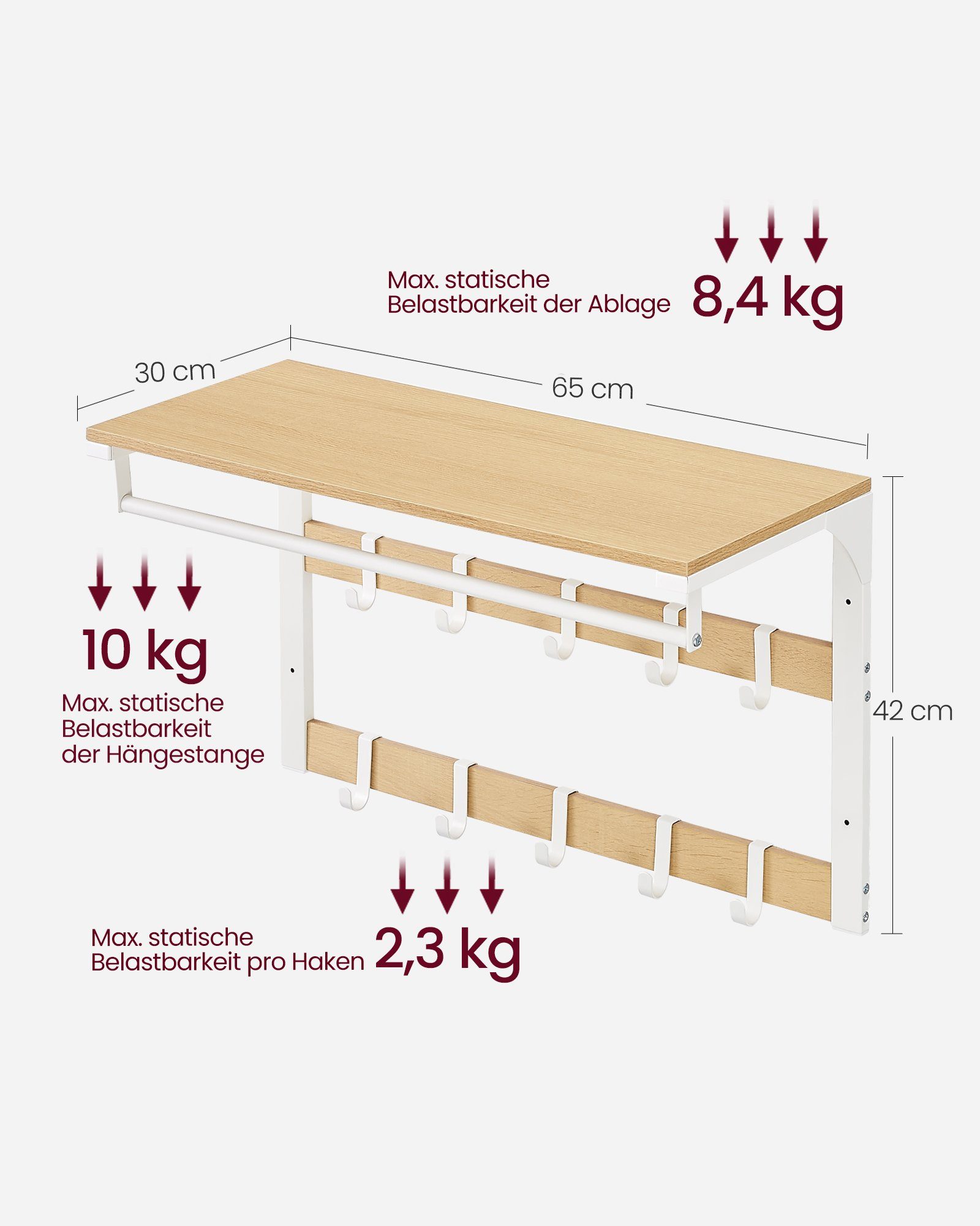 VASAGLE Wandgarderobe Wandregal mit 10 abnehmbaren Haken – Bild 4 von 5