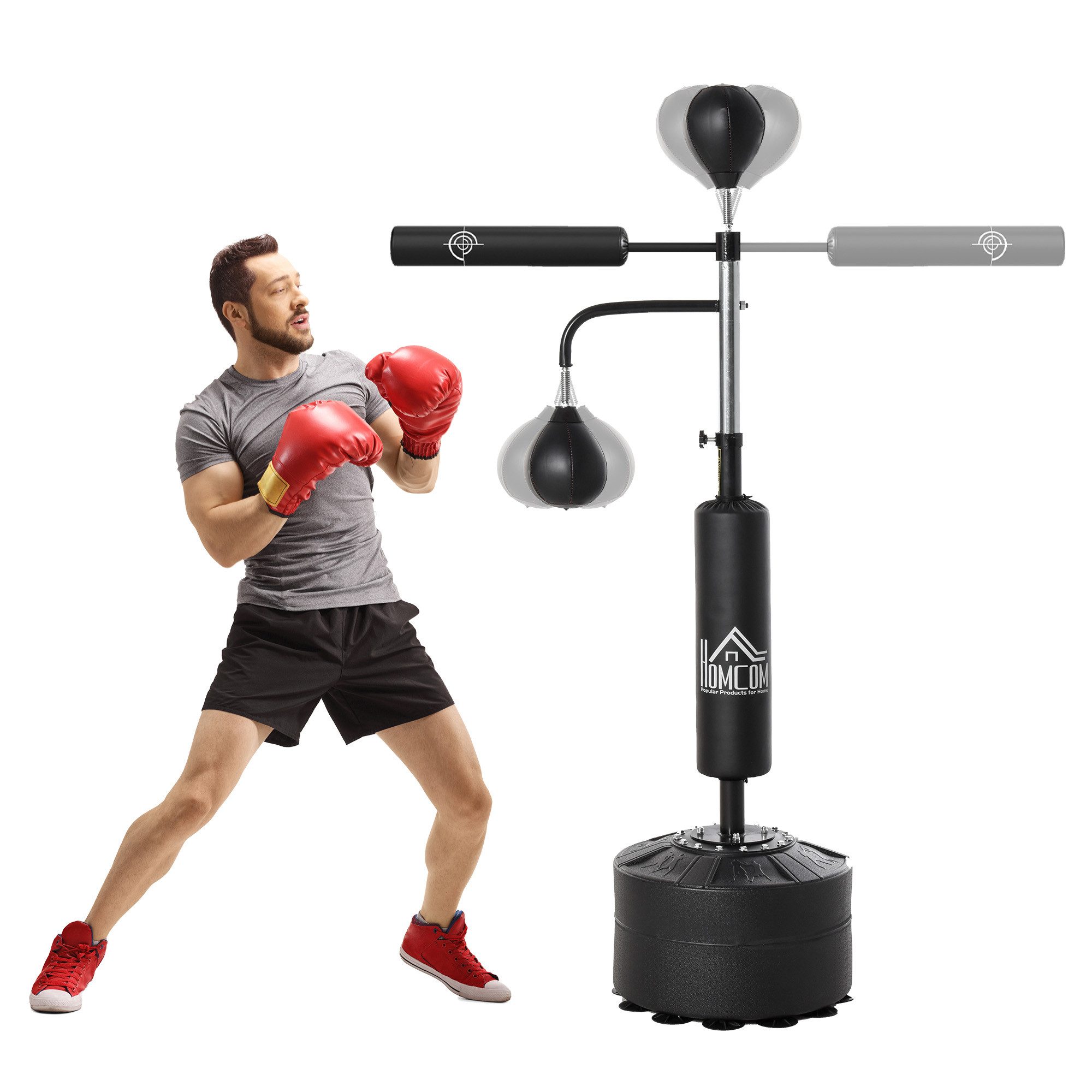 HOMCOM Standboxsack mit 2 Speedbällen Reflexstange Basis 160-230cm höhenverstellbar (Standbox-Trainer, 1-tlg., Boxstand), Geeignet für Erwachsene Jugendlichen Schwarz