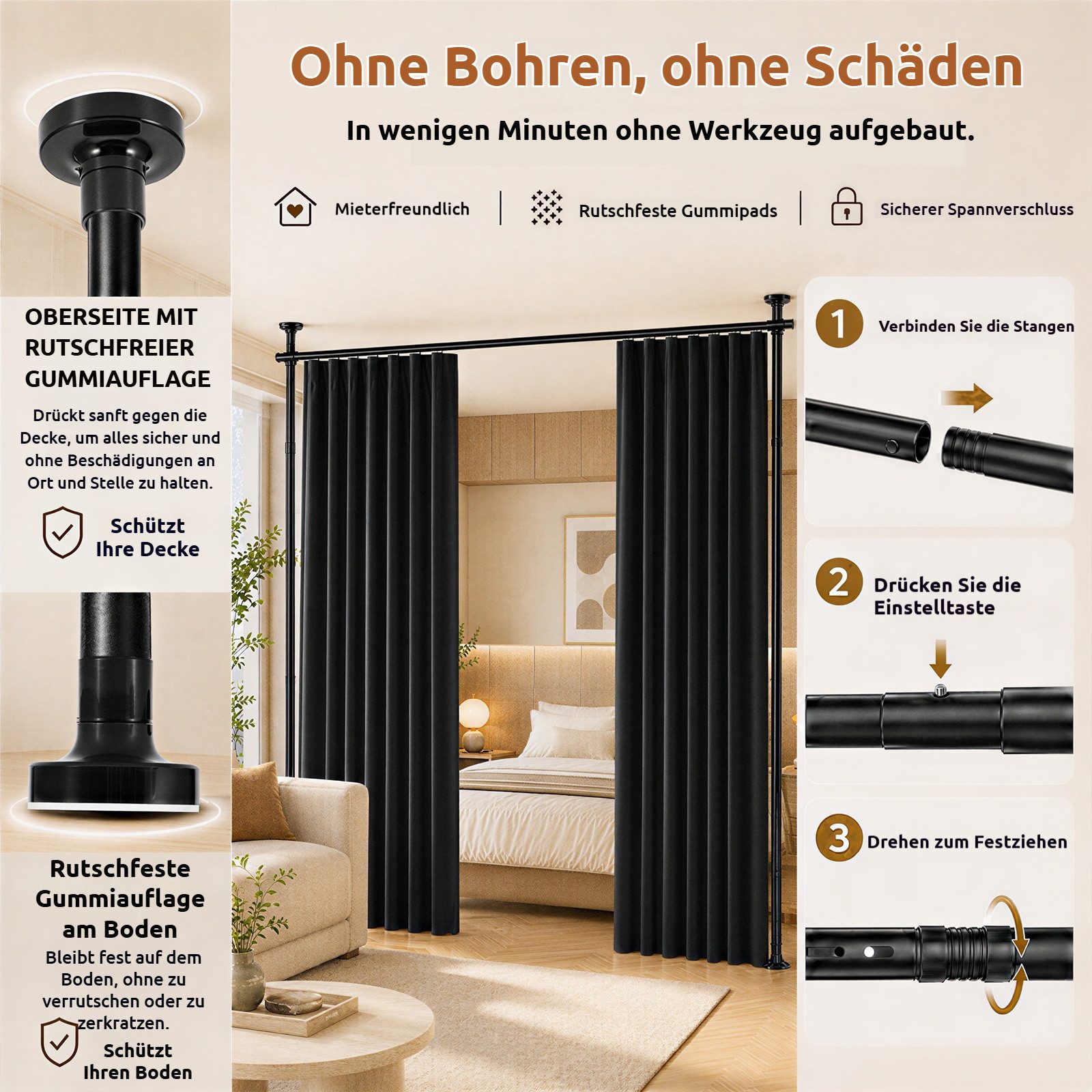 BlingBin Raumteiler Bohrfreier Raumteiler Spannstange, verstellbares Raumtrenn‑Spannsystem, 2‑vertikal 1‑horizontal, mit Vorhang, Höhe 227‑312 cm, Breite 71‑178 – Bild 5 von 5