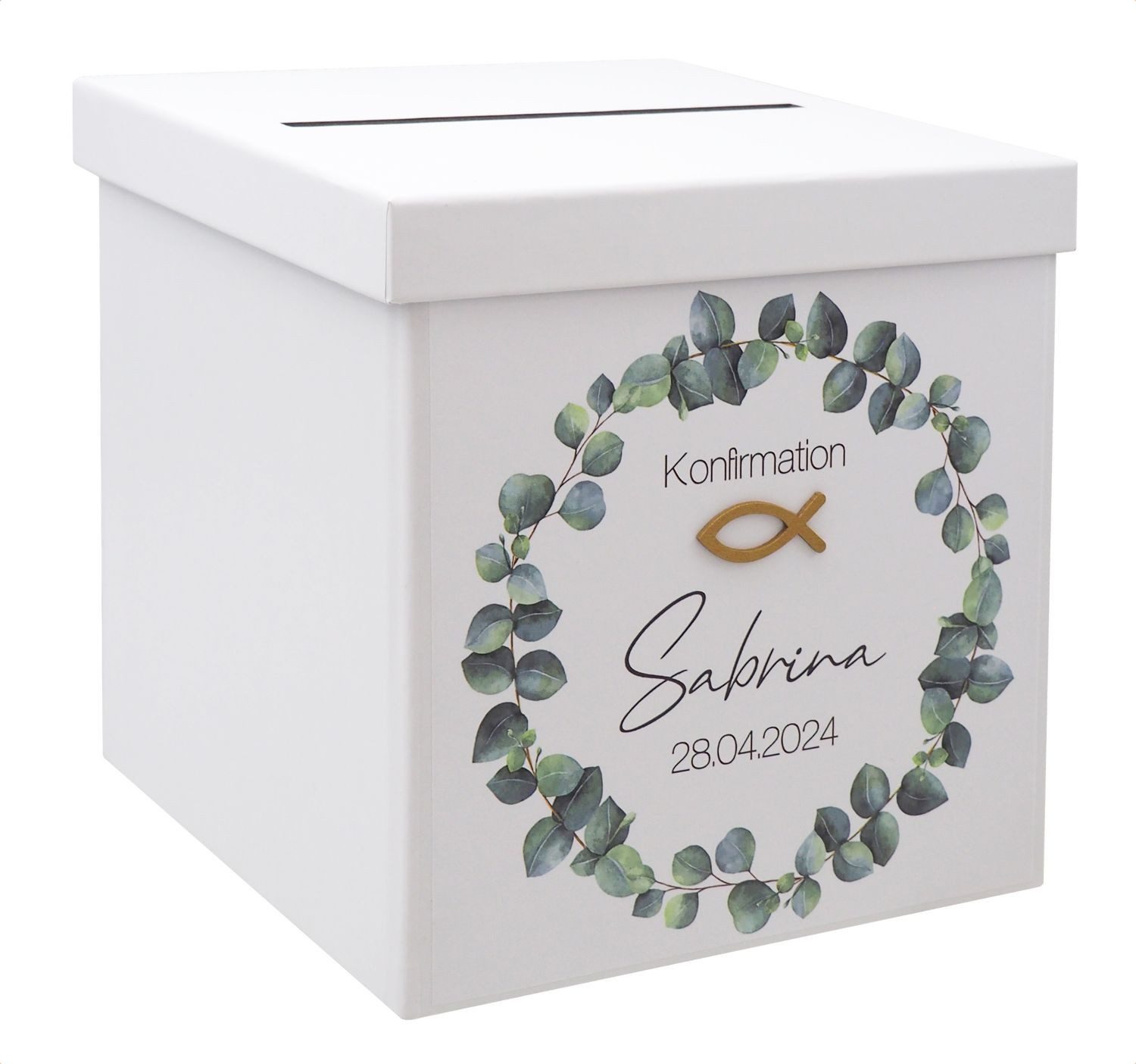 ZauberDeko Geschenkbox Briefbox Eukalyptus Fisch Gold Kommunion Konfirmation Personalisiert