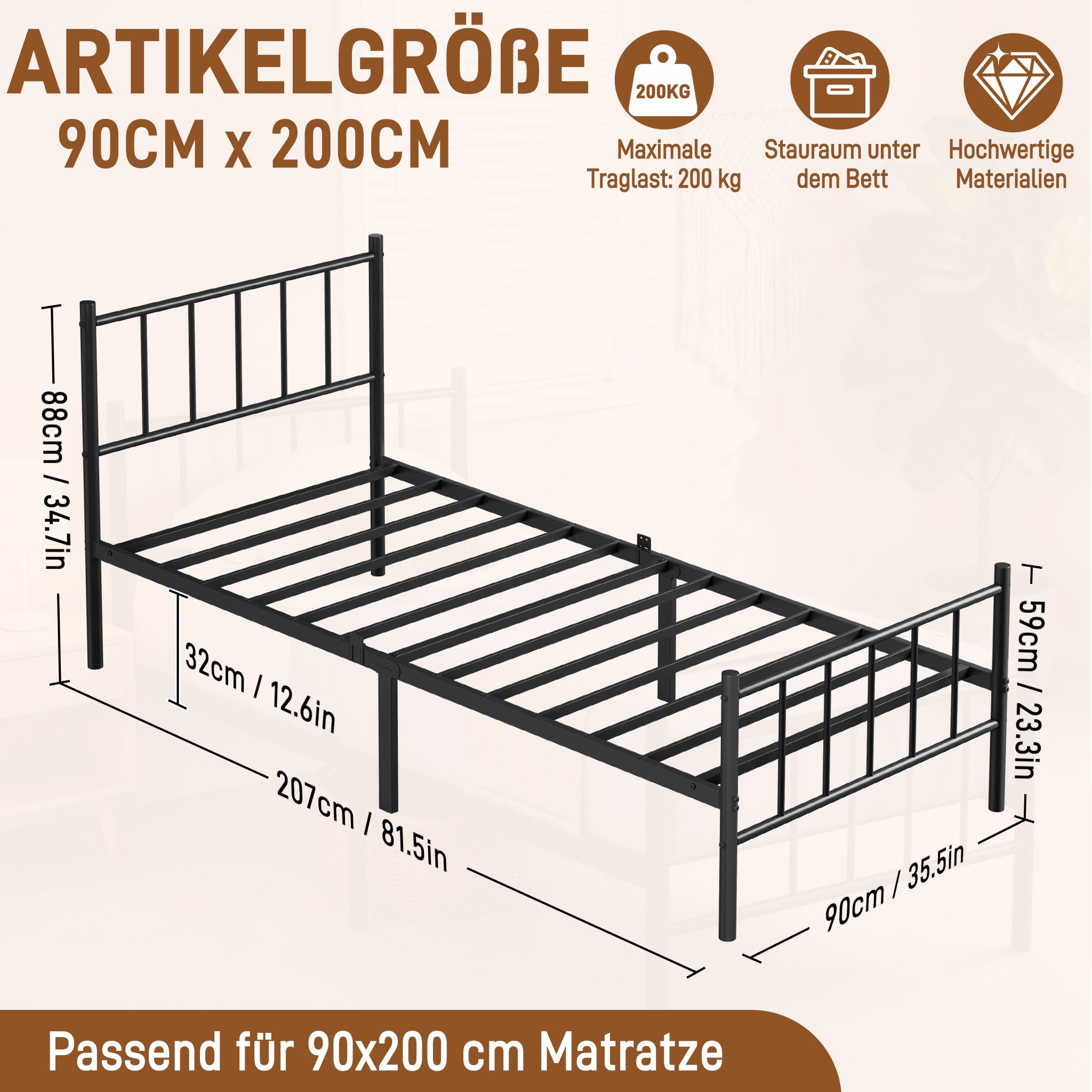 FIVMEN Metallbett Metallrahmenbett Bettgestell Bettrahmen mit Kopfteil, für Einzelbett/Gästezimmerbett, Tragkraft: 200kg – Bild 2 von 5