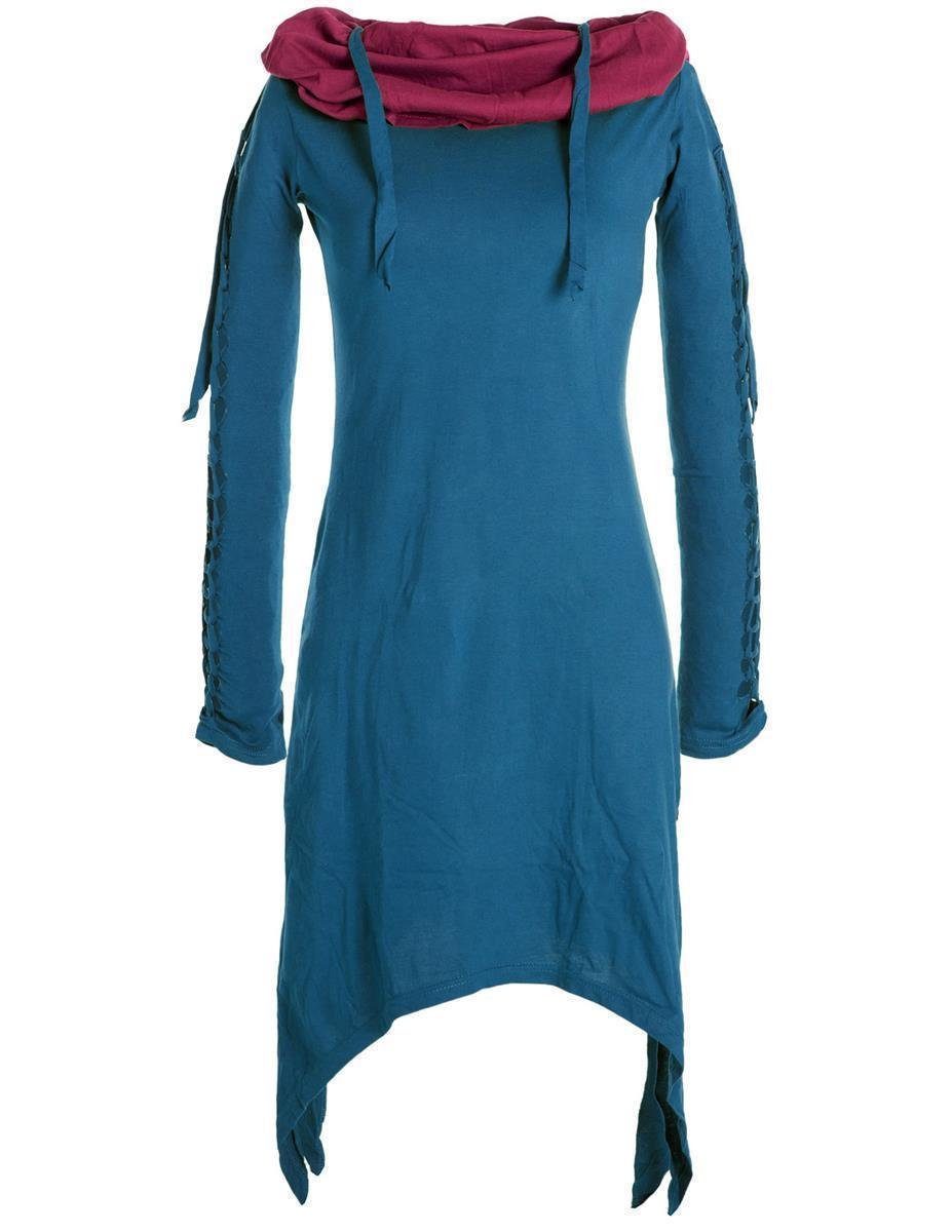 Vishes Zipfelkleid Zweifarbiges langarm Kleid aus Biobaumwolle mit Schalkragen Ethne, Goa, Boho, Elfen Style türkis