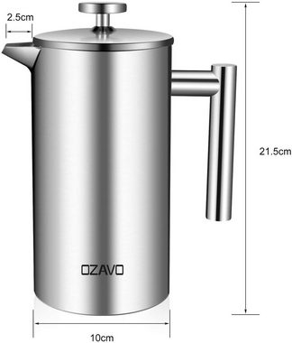 OZAVO Kaffeebereiter OZ230, 6 Edelstahl-Filter Φ9.5cm, Kaffeekanne, 1L Doppelwandig French Press System, Doppelwandig Edelstahl Kaffepresse