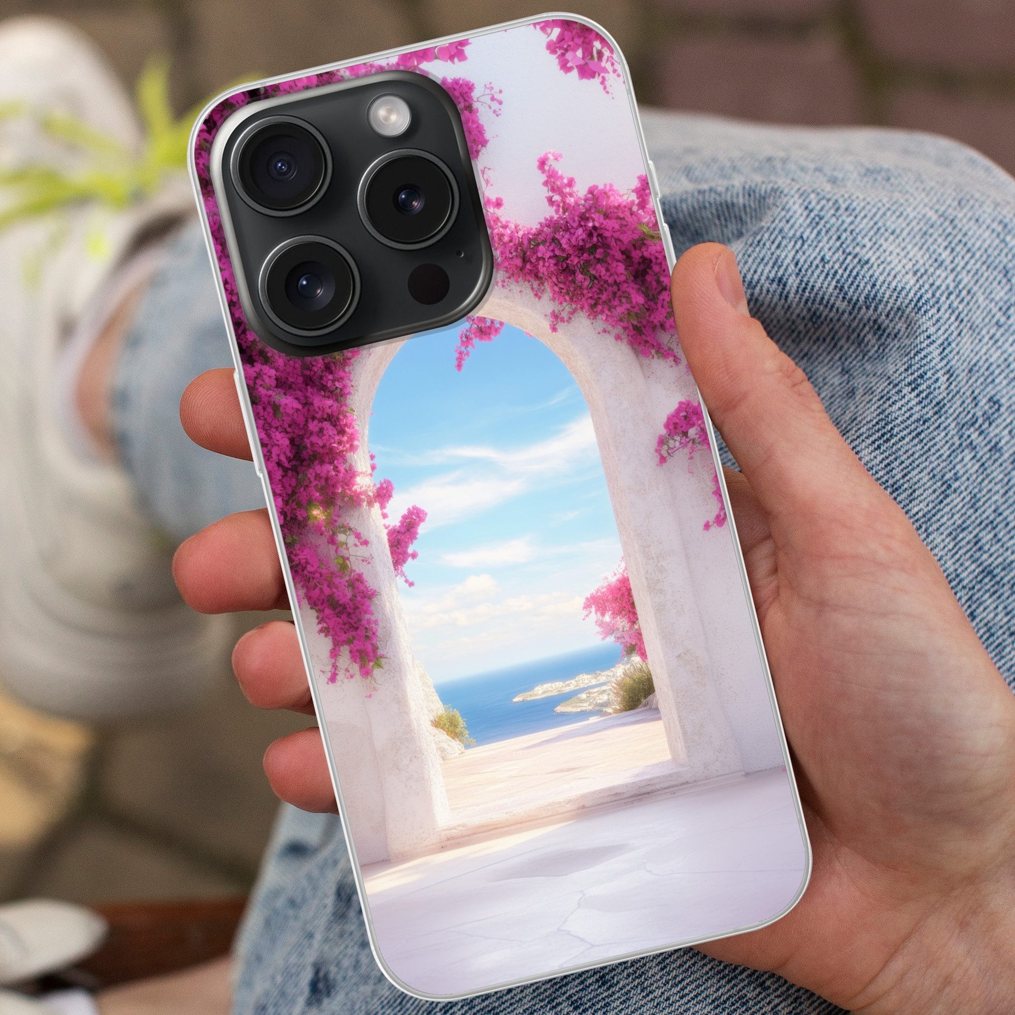 MuchoWow Handyhülle für Apple iPhone 15 Pro Meer - Rosa - Blumen - Tor, Smartphone-Bumper, Print, Handy Schutzhülle Dünn
