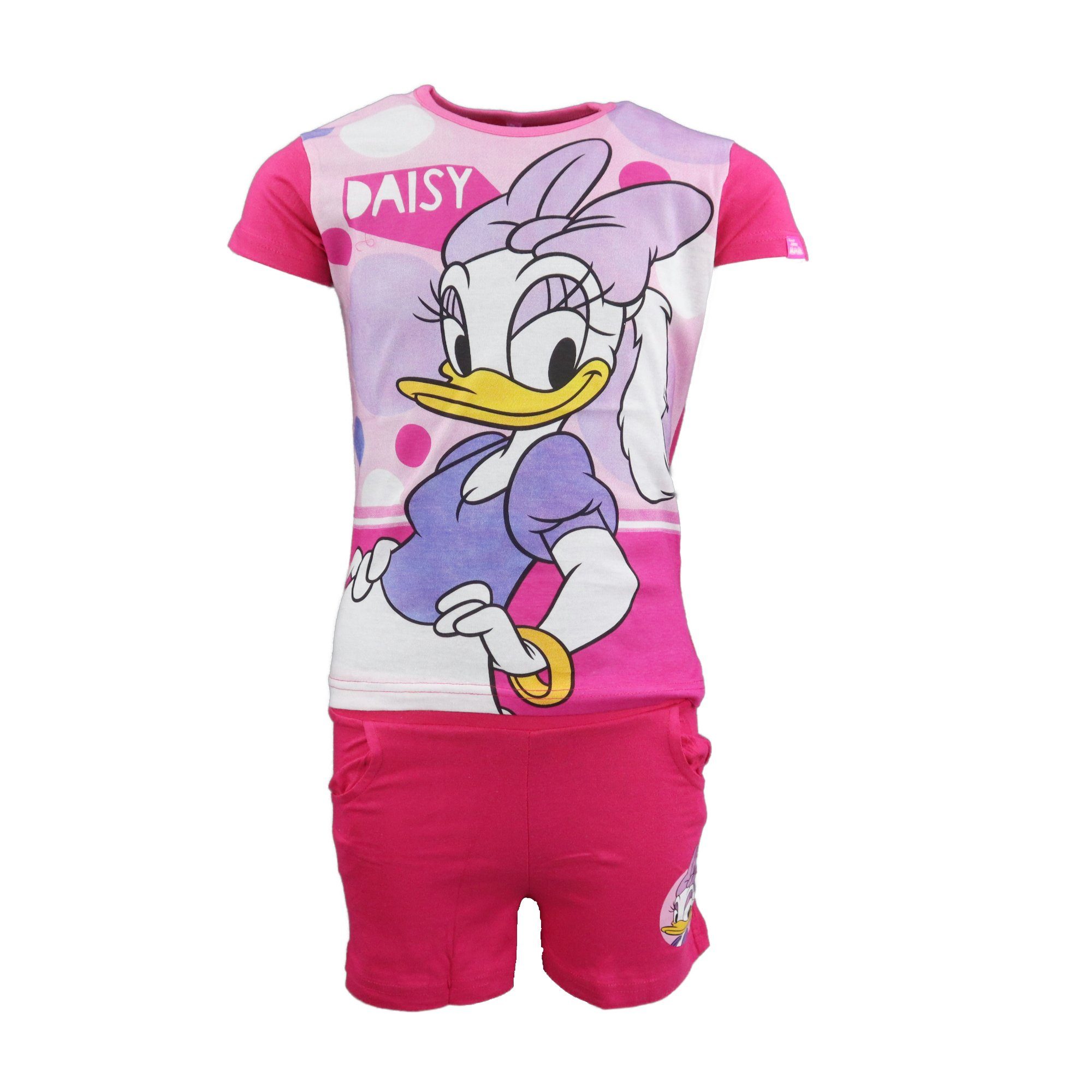 Disney Print-Shirt Daisy Duck (2-tlg) 128, Gr. Sommer plus Shorts Baumwolle 98 Set Shirt Mädchen Pink bis Kinder