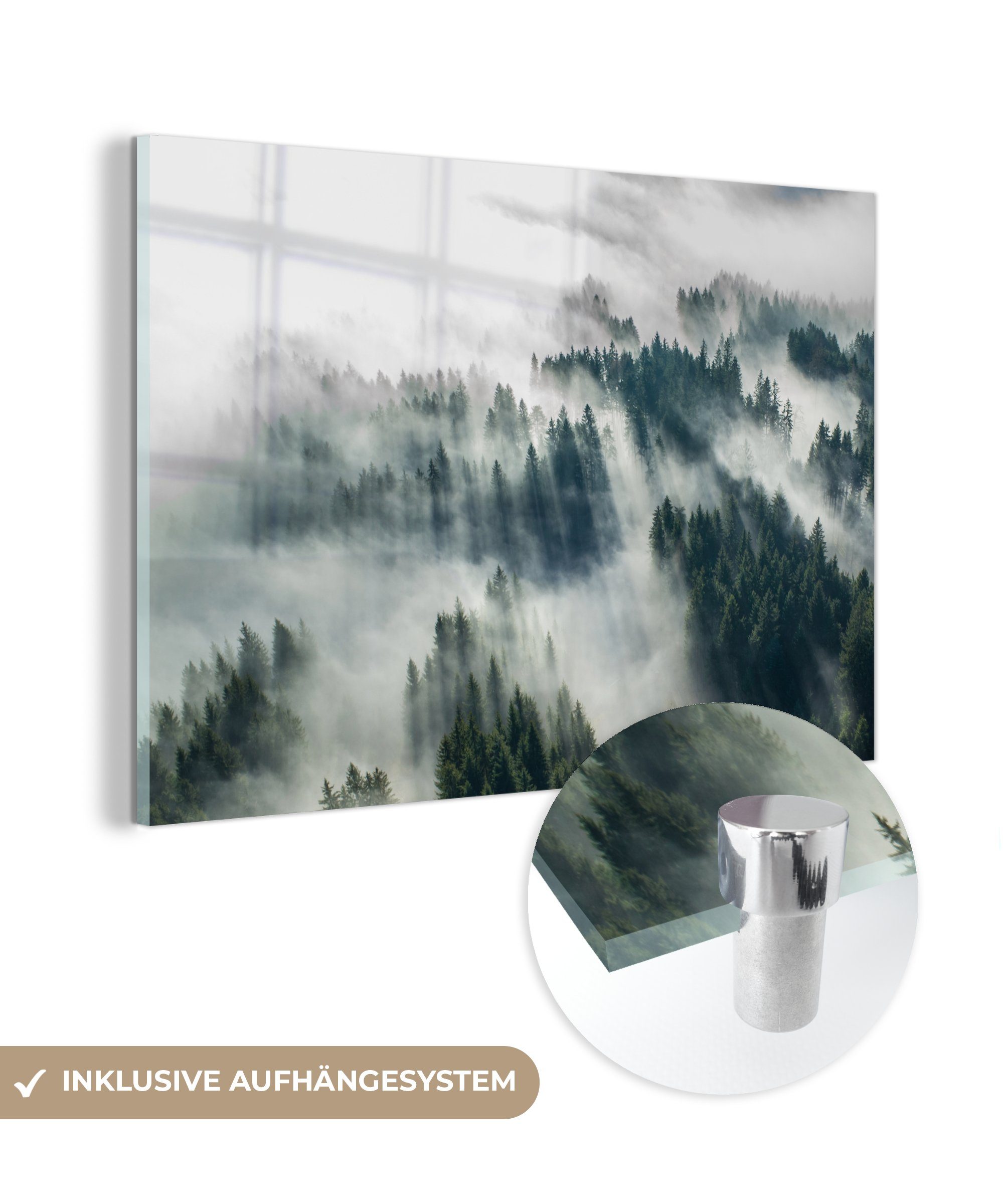 MuchoWow Acrylglasbild Dichter Nebel zwischen den Nadelbäumen, (1 St), Acrylglasbilder Wohnzimmer & Schlafzimmer