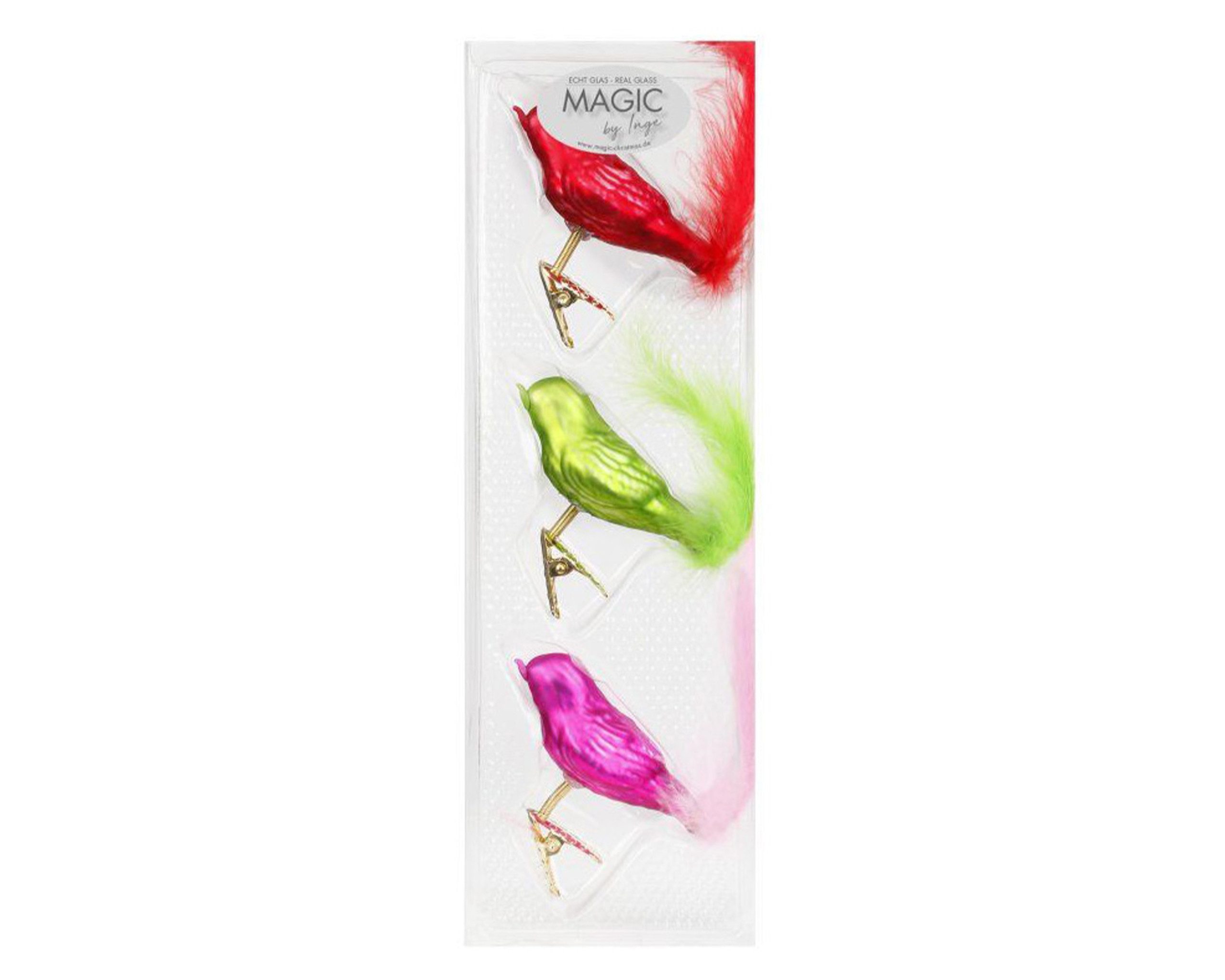 MAGIC by Inge Christbaumschmuck, Vögel 8cm Glas Happy Xmas 3 Stück mit Clip Rot Grün Pink