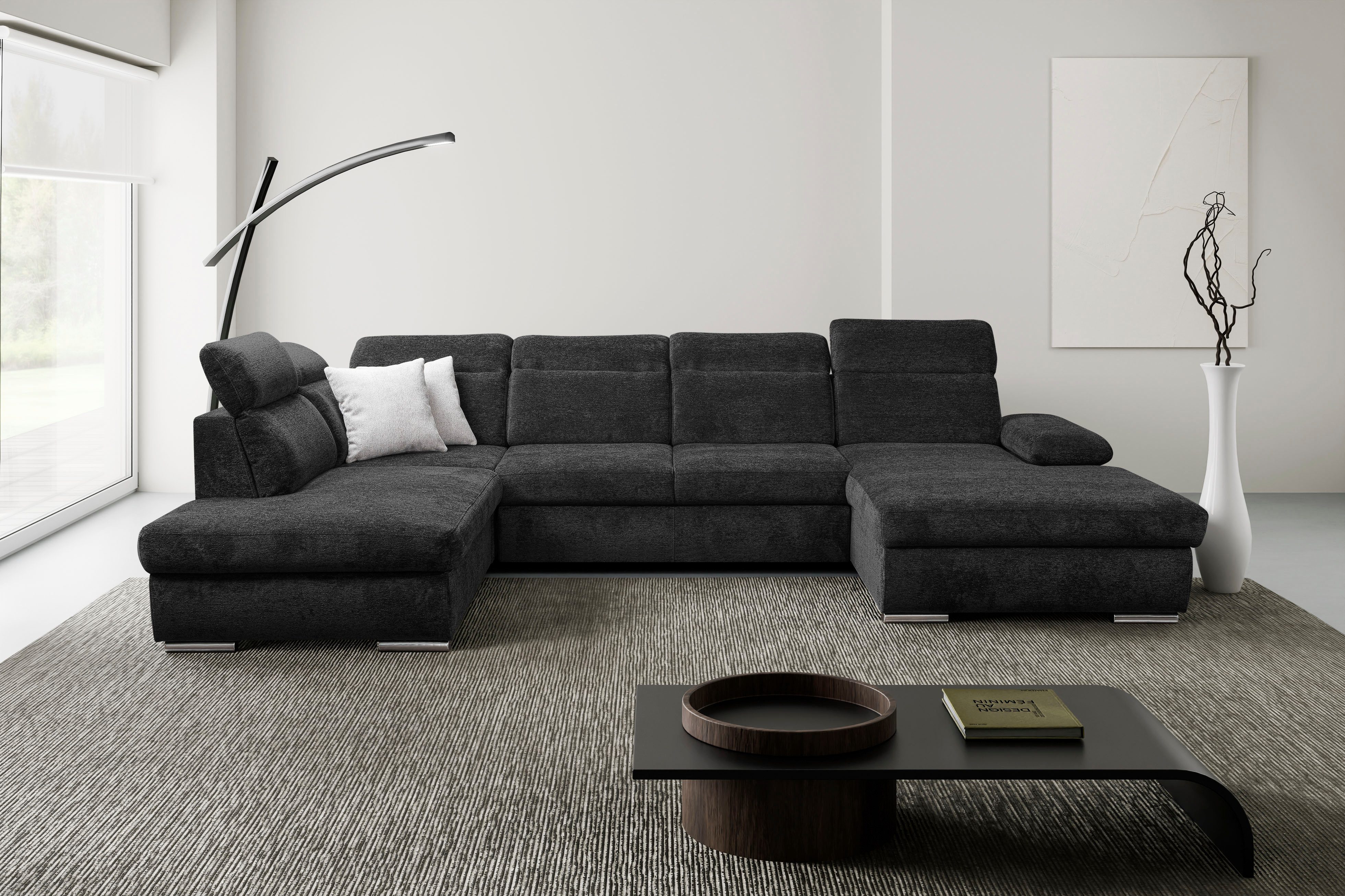 WERK2 Wohnlandschaft Cordoba 359 x 232 cm inkl. Bett modern und bequem, Struktur weich, U-Form, XXL, Schlaffunktion, Bettkasten