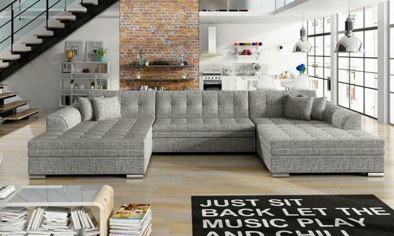 JVmoebel Ecksofa, Klassisch Design Ecksofa Vento Bettfunktion Couch Leder Polster Textil Grau