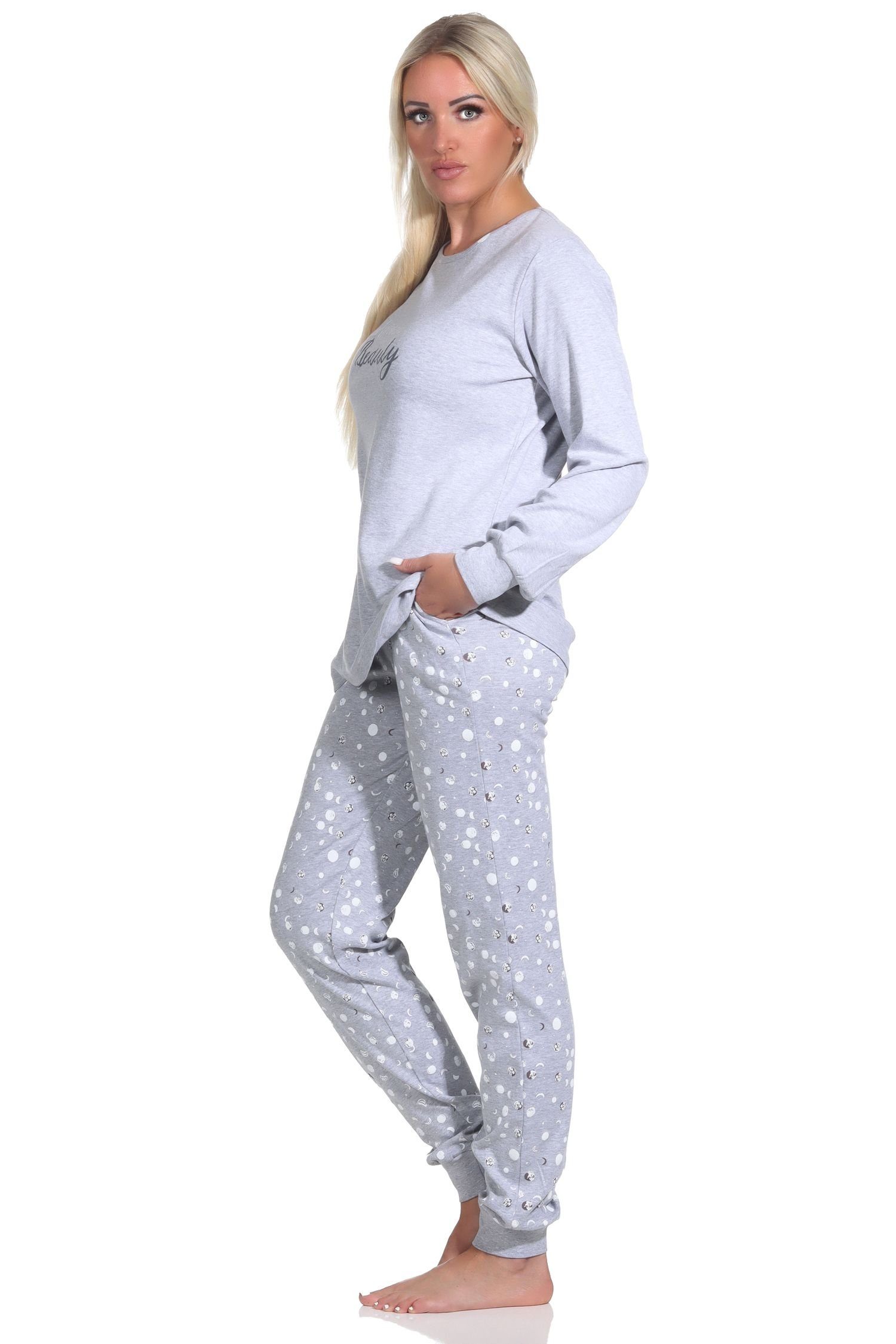 Normann Pyjama Damen Interlock lang Qualität Bündchen Schlafanzug mit in Kuschel grau-melange