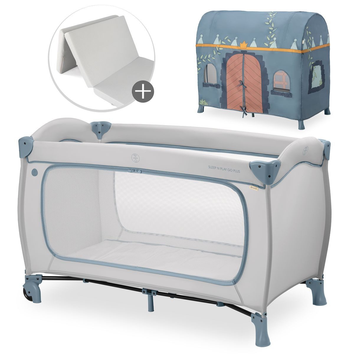 Hauck Baby-Reisebett Sleep N Play Go Plus Set - Palace - Dusty Blue, Baby Kinder Reisebett mit Seiteneingang, Matratze, Spielzelt & Rollen