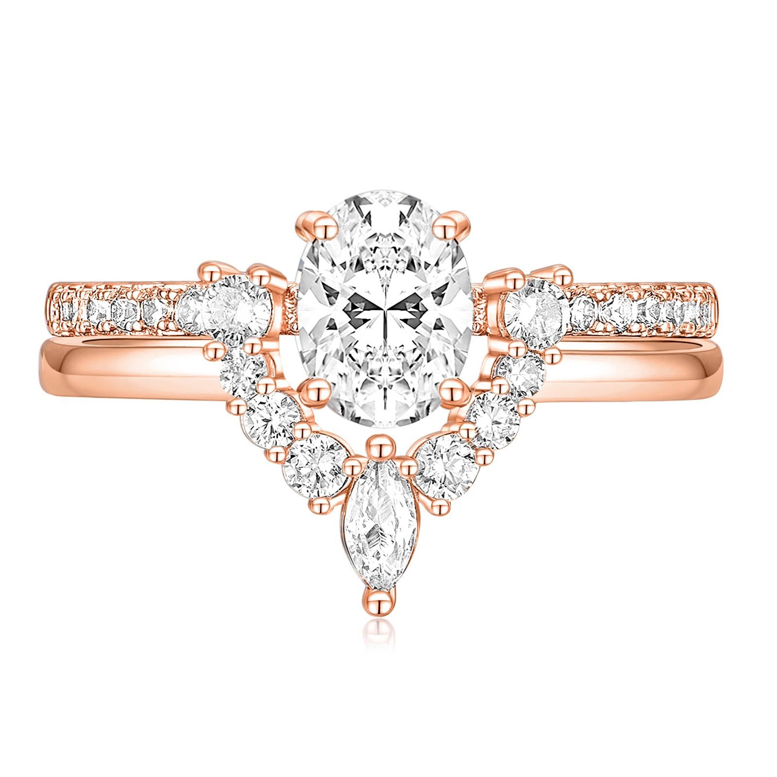 Jumpeak Diamantring Ring mit einem ovalen Diamanten von 1,5ct, Damenring-Set aus 585 Gold, 585er Platin-/Roségold-Ring-Set, Eheringe aus echtem Gold, IGI