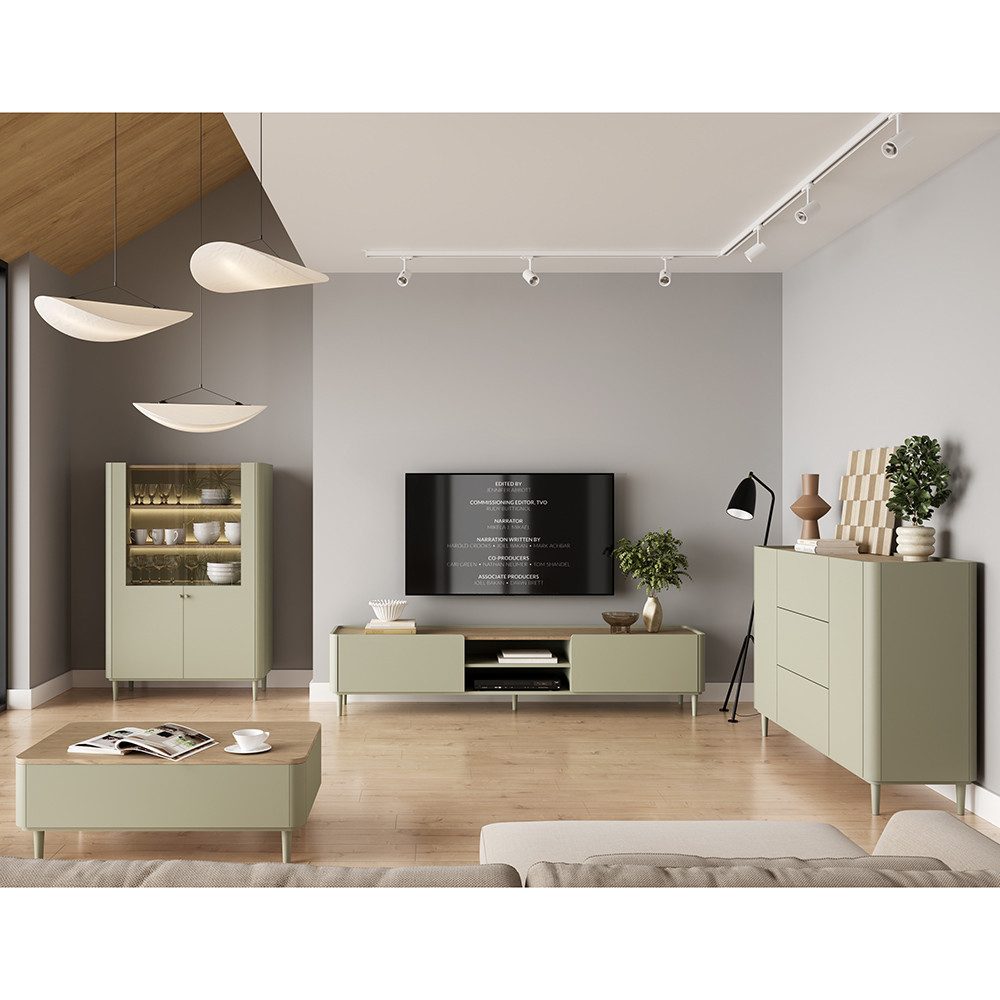 Lomadox Wohnzimmer-Set ELOY-141, (Mega-Spar-Set, 4-St., Kommode Couchtisch Lowboard Vitrinenschrank), Grün Eiche Dekor Holzfüße grifflos modern Softclose LED Beleuchtung