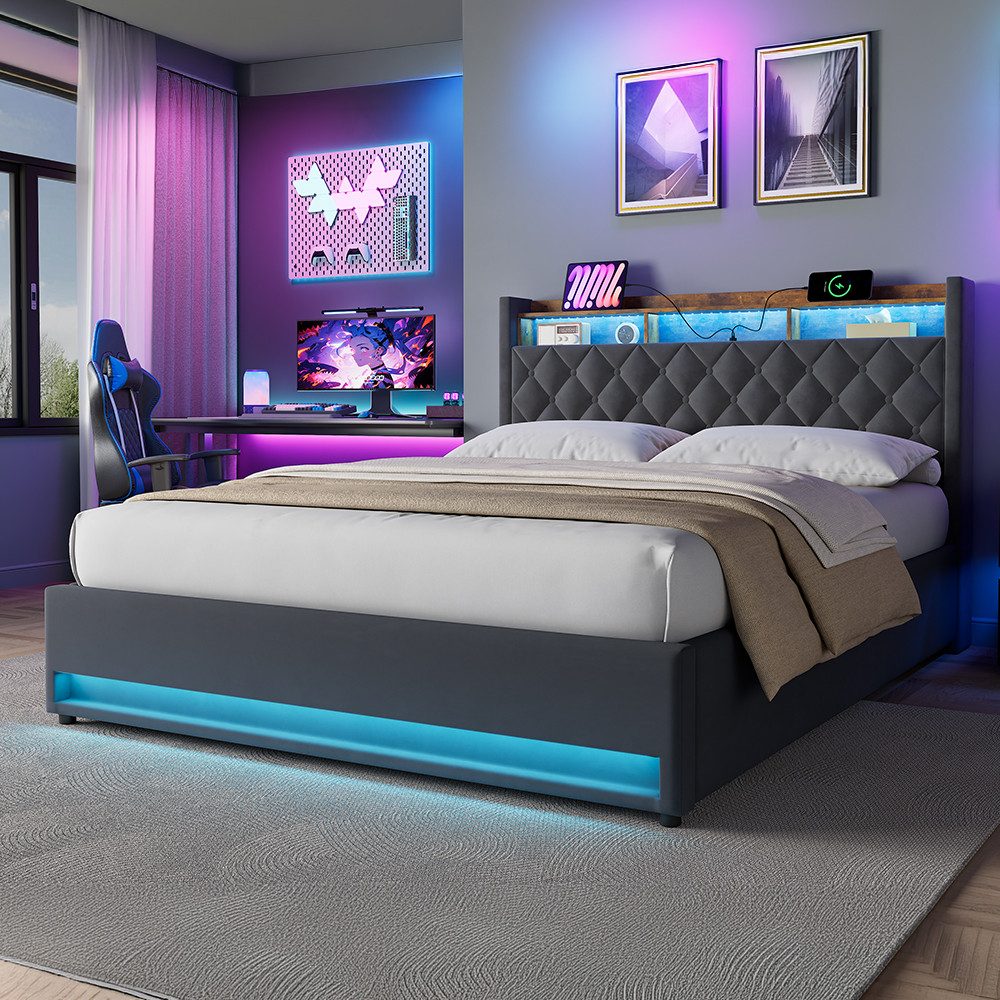 STILVORA Polsterbett mit bettkasten,Stauraumbett Boxspringbett 160×200 mit USB & LED-Licht (Funktionbett mit Hydraulikstange,Tragfähigkeit: 200kg, Strapazierfähig und schmutzabweisend,verschiedenen Farben,Metallrahmen), Bettgestell mit Lattenrost,Bequemer