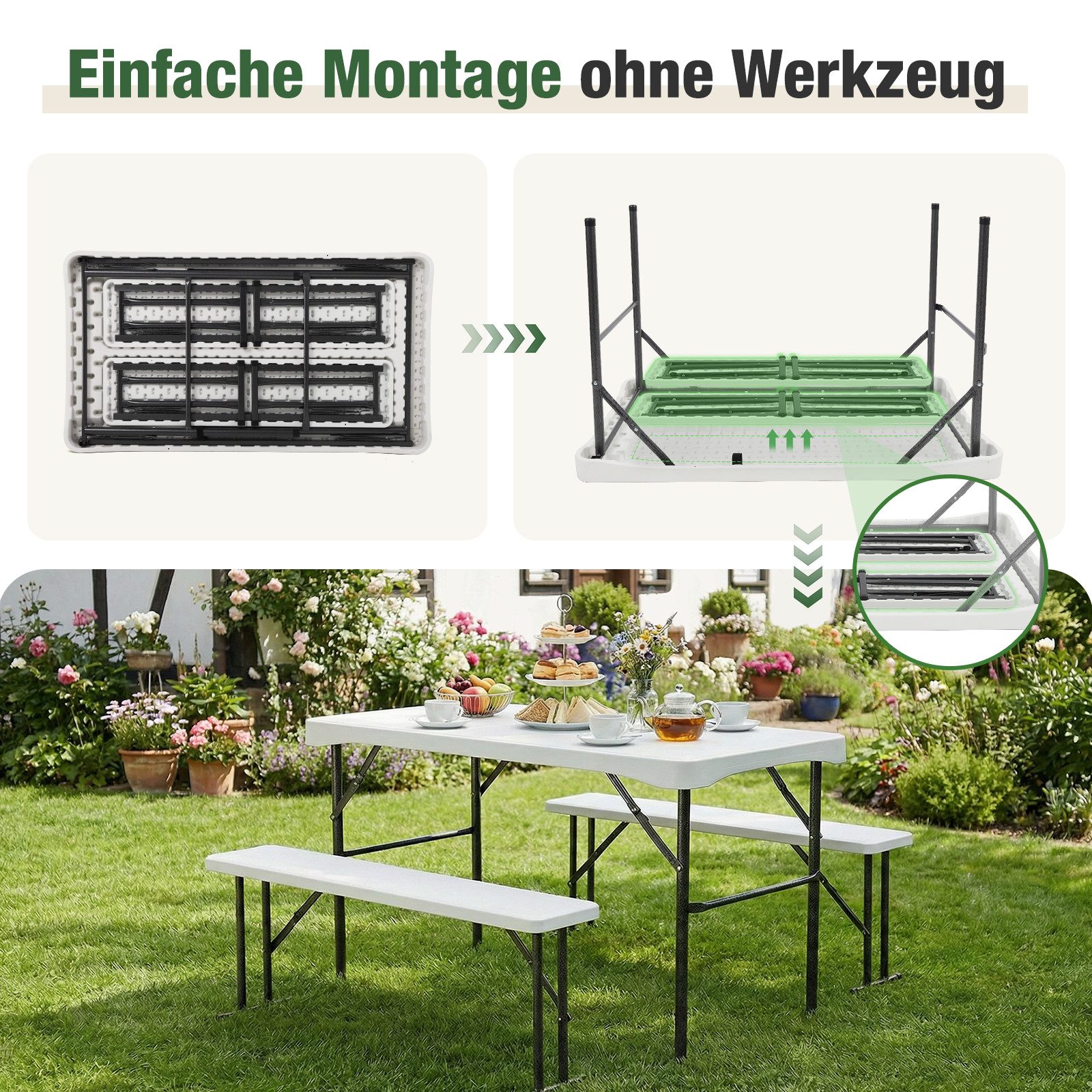 Sekey Garten-Essgruppe 3-teilig Bierzeltgarnitur Klappbar Biertisch Esstisch Set mit 2 Bänken, Klappbar Biertisch Set für 4 Personen, Festzeltgarnitur, Weiß