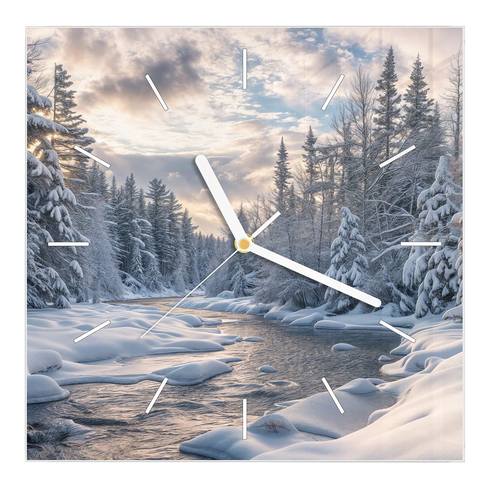 Wanduhr Glasuhr Wanduhr Wandkunst Größe 30 x 30 cm mit Motiv Winterfluss