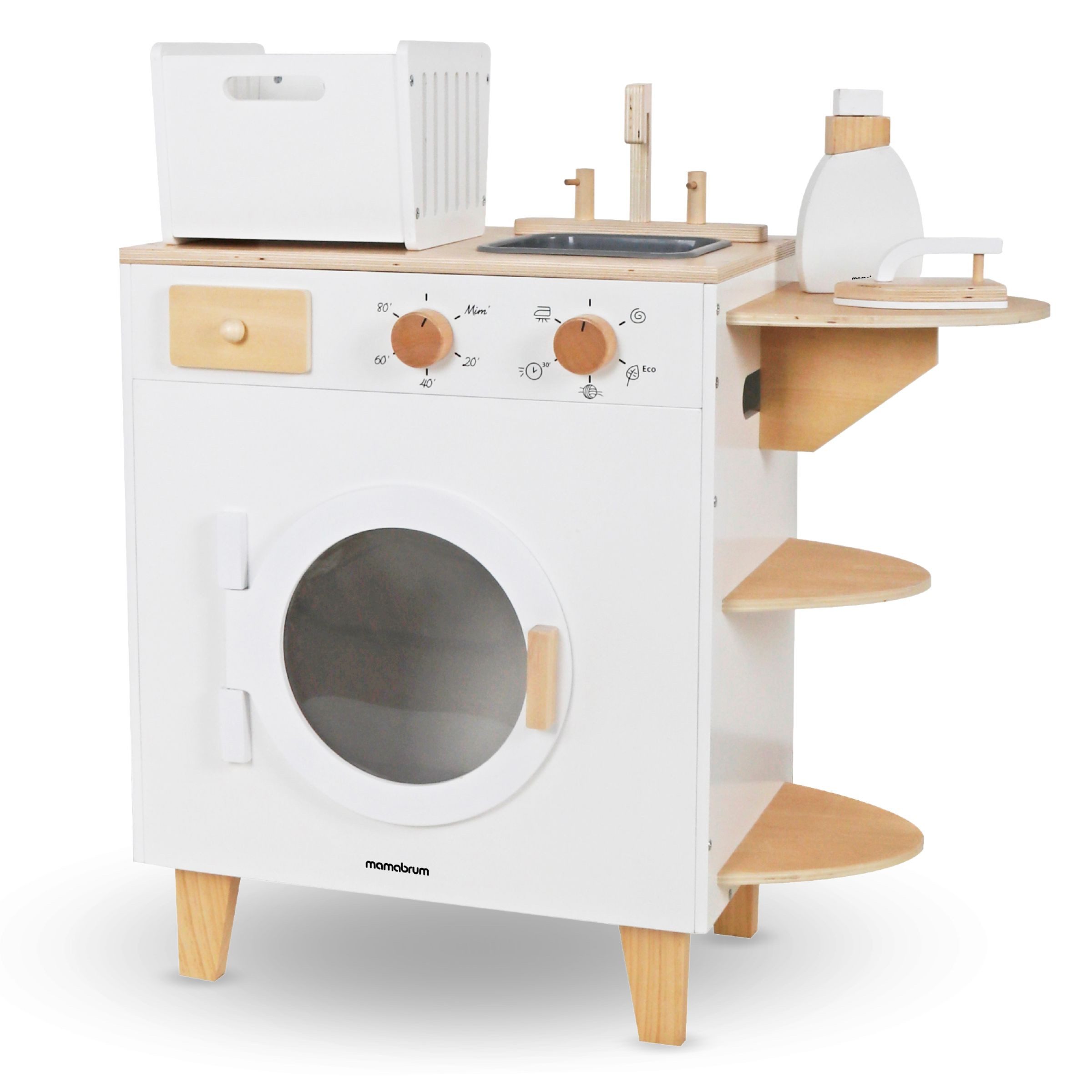 Mamabrum Kinder-Waschmaschine Kinder-Waschmaschine aus Holz – Spielset mit Bügeleisen und Wäschekorb