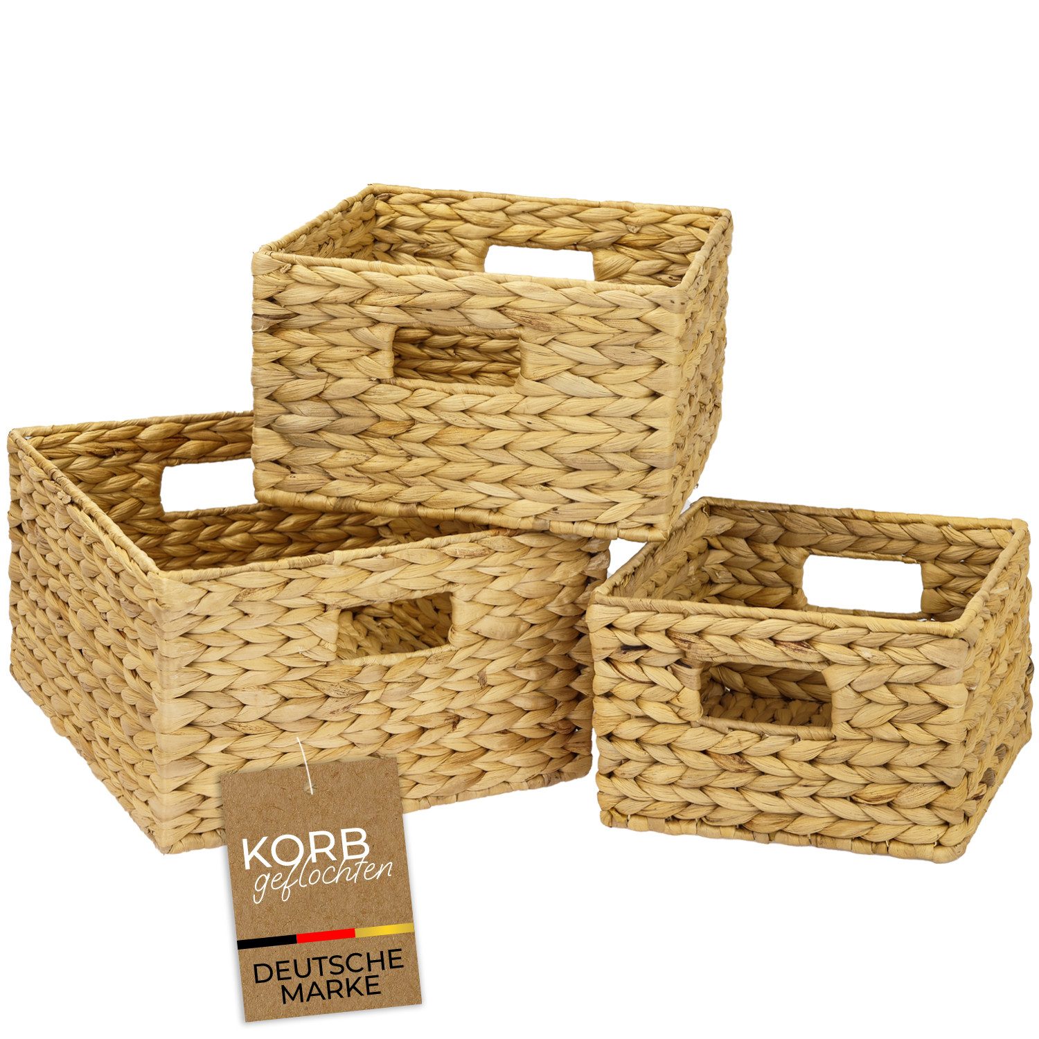 HMF Aufbewahrungskorb Aufbewahrungskorb geflochten aus Wasserhyazinthe Korb mit Tragegriffen (3 St), für Bad, Küche und Wohnbereich, 22 + 26 + 30 cm, Naturfarben