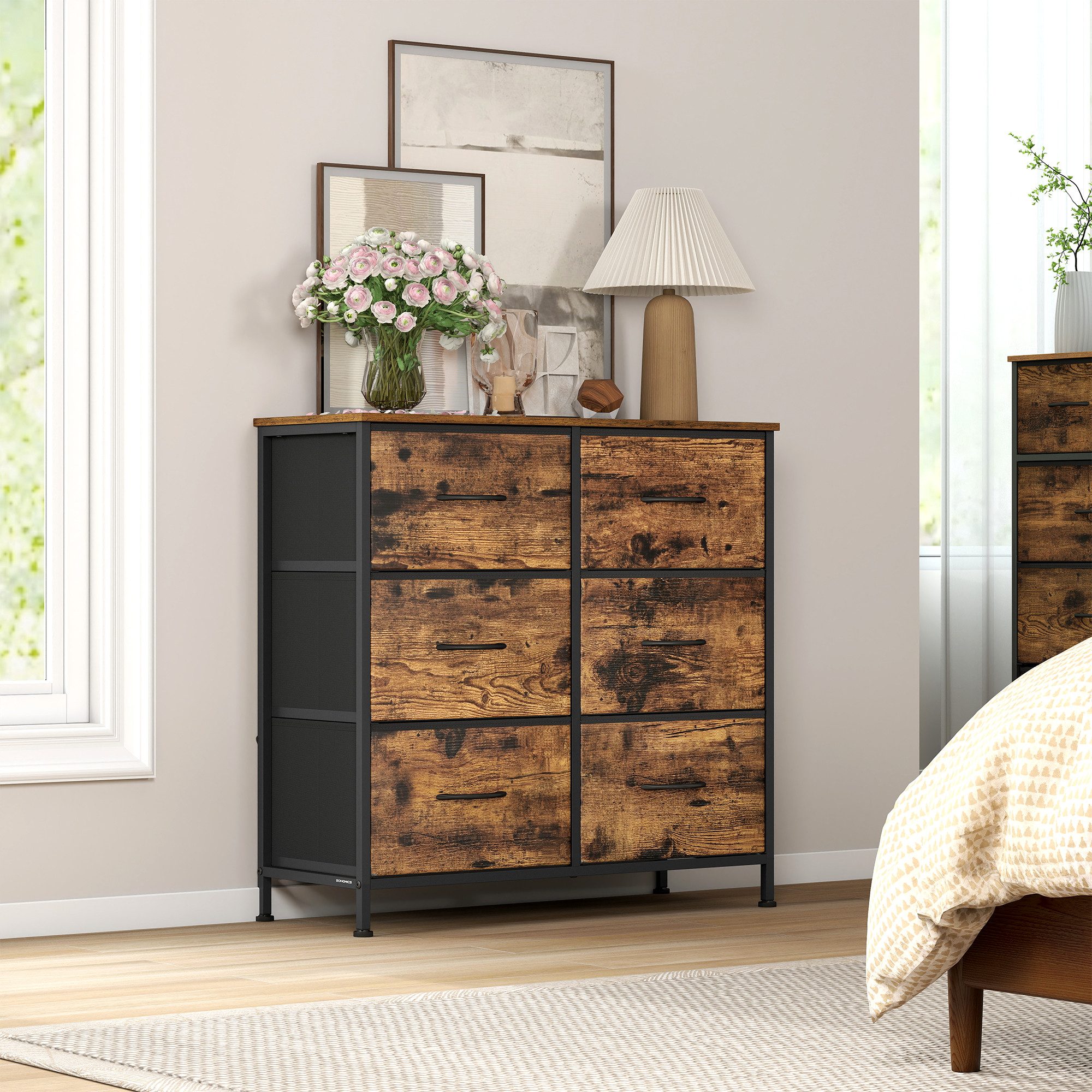 SONGMICS Kommode Schrank, Aufbewahrungsschrank, Stahl, MDF, Vliesstoff, für Schlafzimme