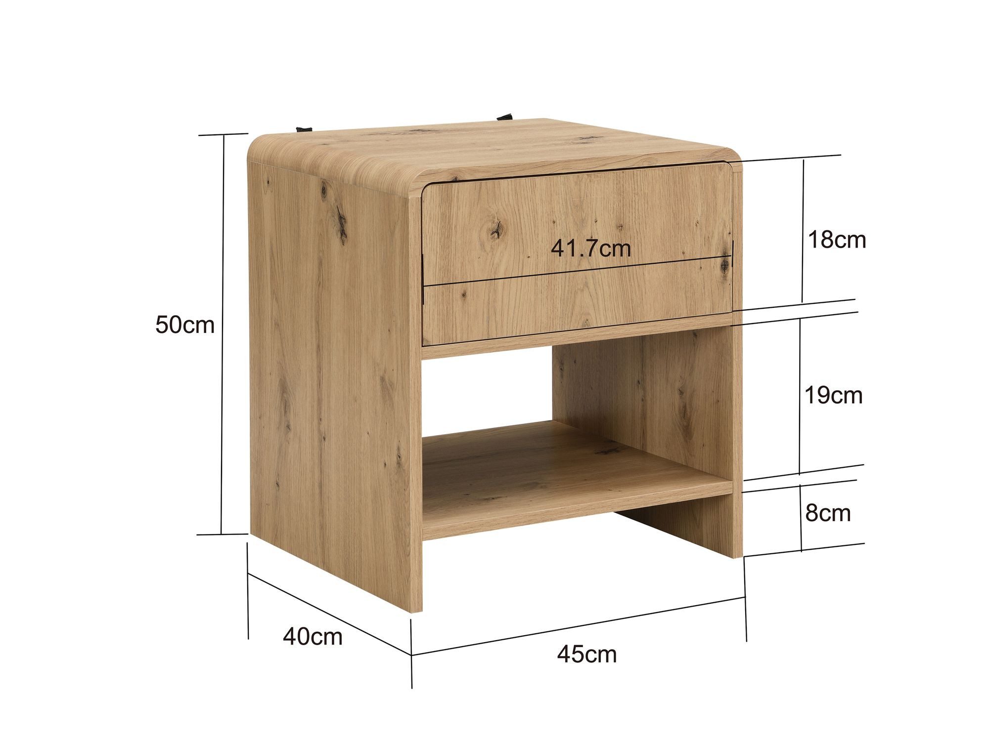 FINEBUY Nachttisch FB116814 Nachttisch Nachtkästchen Boxspringbett 50cm Eiche Dekor Schub (Moderne Nachtkonsole in warmer Eiche-Optik), Praktische Schublade und ein offenes Ablagefach