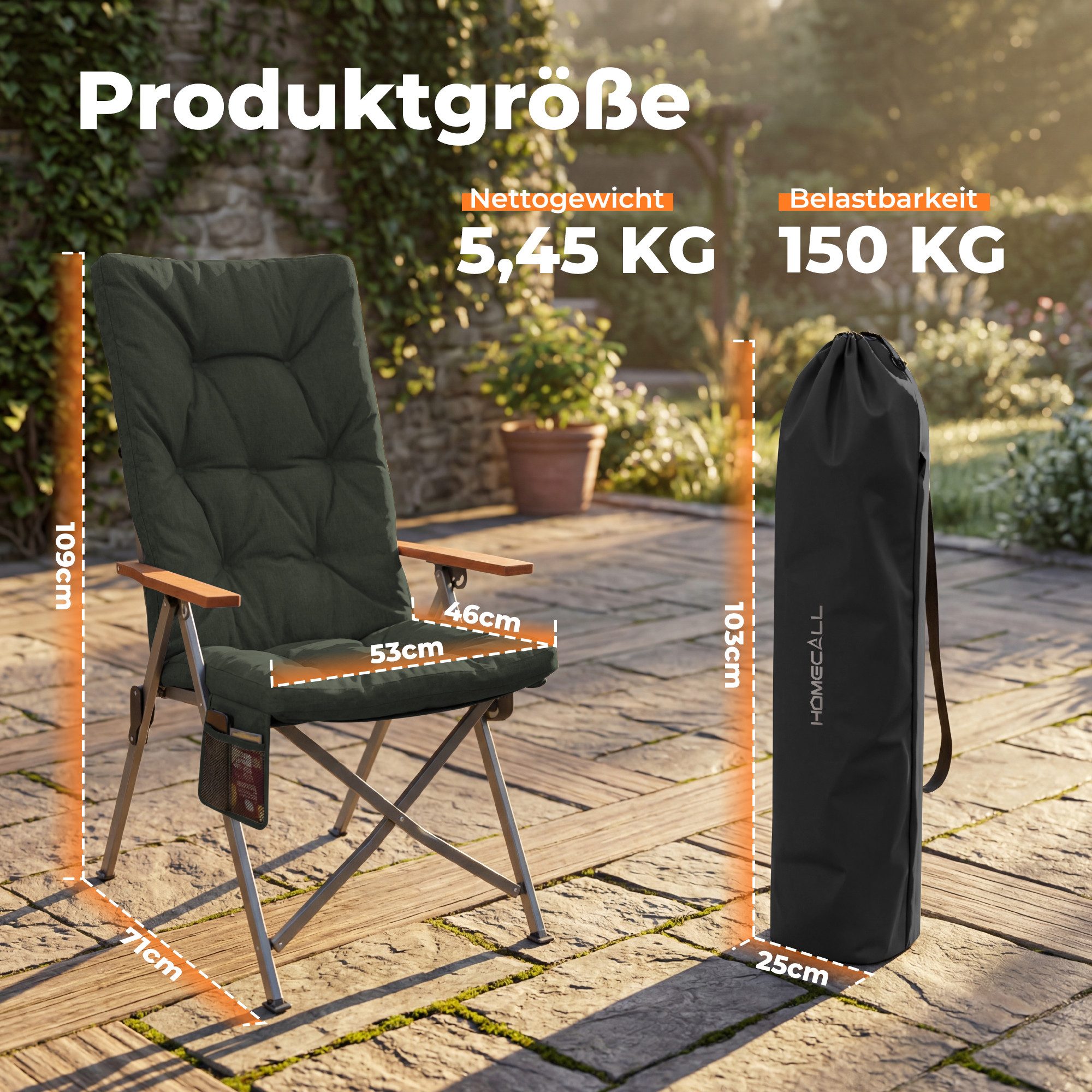 HOMECALL Campingstuhl Faltbar Hochlehner Luxus Klappstuhl mit 4,5cm Dicke Gepolstert (150kg Belastbar mit 4 Positionen Verstellbar Angelstuhl, 2 St), für Garten Balkon Wohnmobil