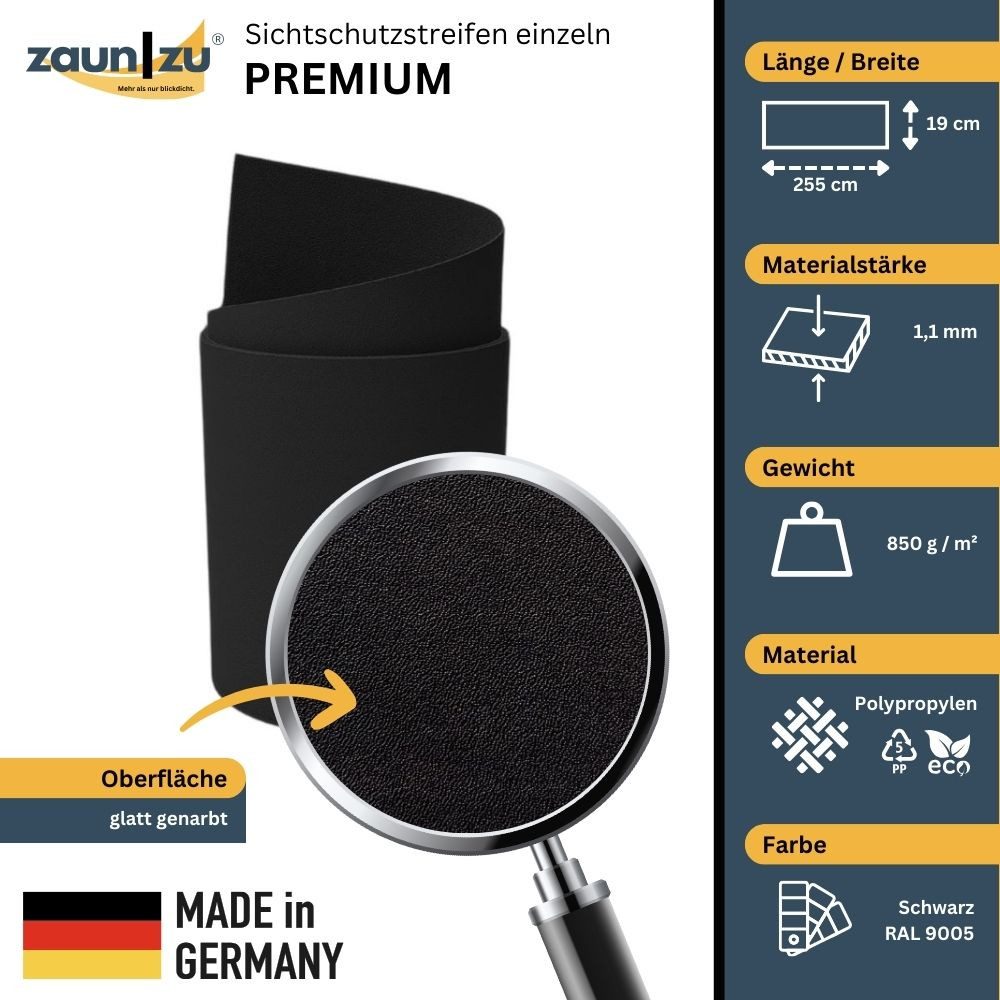 Thumbnail - zaunzu Sichtschutzstreifen Premium Einzelstreifen genarbte Lederstruktur Schwarz 2,55m, (1 Streifen, 5 Jahre Garantie), ...
