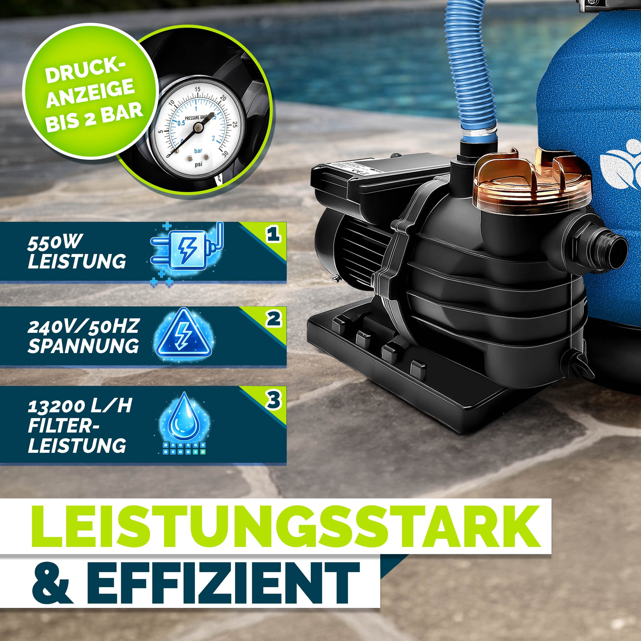 tillvex Sandfilteranlage tillvex Sandfilteranlage 13.200L/h mit 1200g Filterbällen + Pumpe (Poolfilter Selbstansaugend Sandfilter Schwimmbecken, Filteranlage 7- – Bild 4 von 5