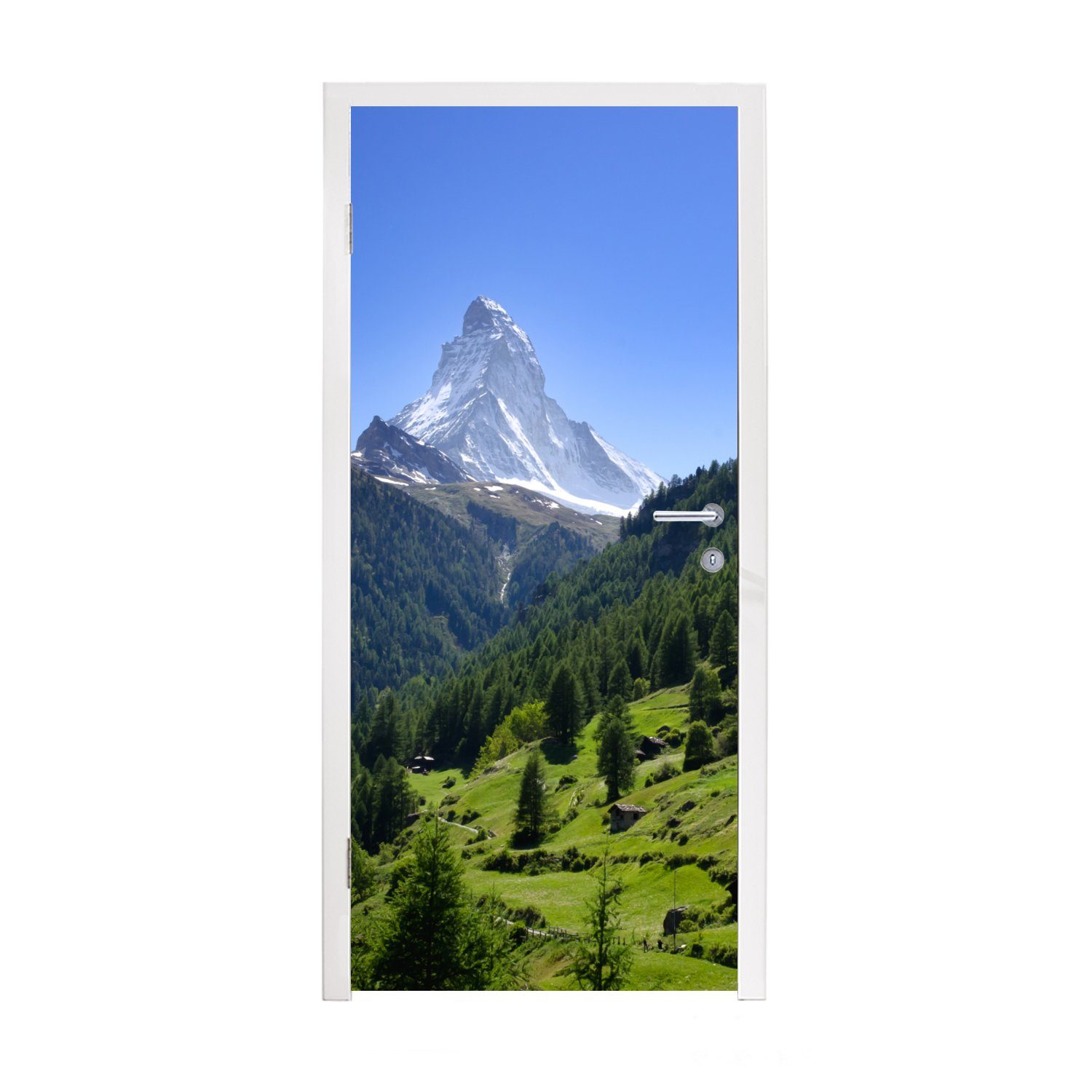 Tür, St), Türtapete 75x205 Fototapete cm im Alpen MuchoWow Schweizer Türaufkleber, Matt, (1 Bäumen, mit bedruckt, Matterhorn grünen für