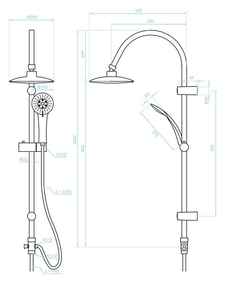 Thumbnail - KOLMAN Duschsystem Regendusche set Handbrause ONDO, Höhe 100 cm, in Chrom