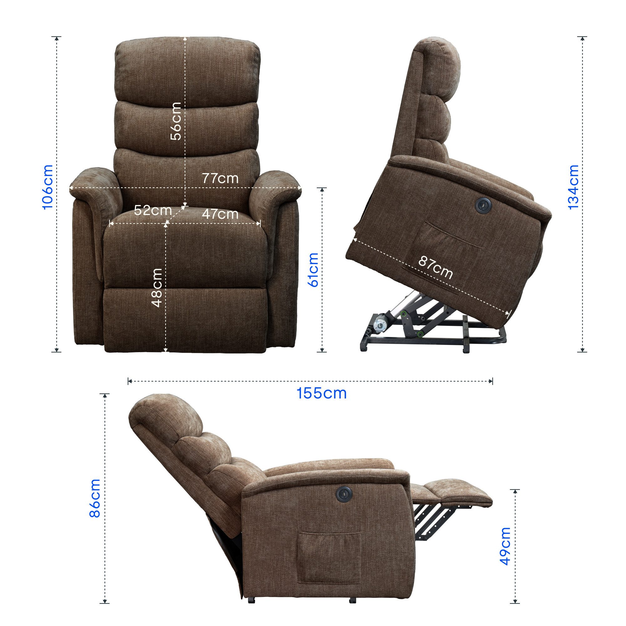 FLEXISPOT Sessel Multifunktionaler Elektrischer Relaxsessel Mit Aufstehhilfe (mit Sitzheizung-, Massage- und Liegefunktion, USB-Ladeanschluss und zusätzlicher Stauraum), 110° - 140° verstellbar
