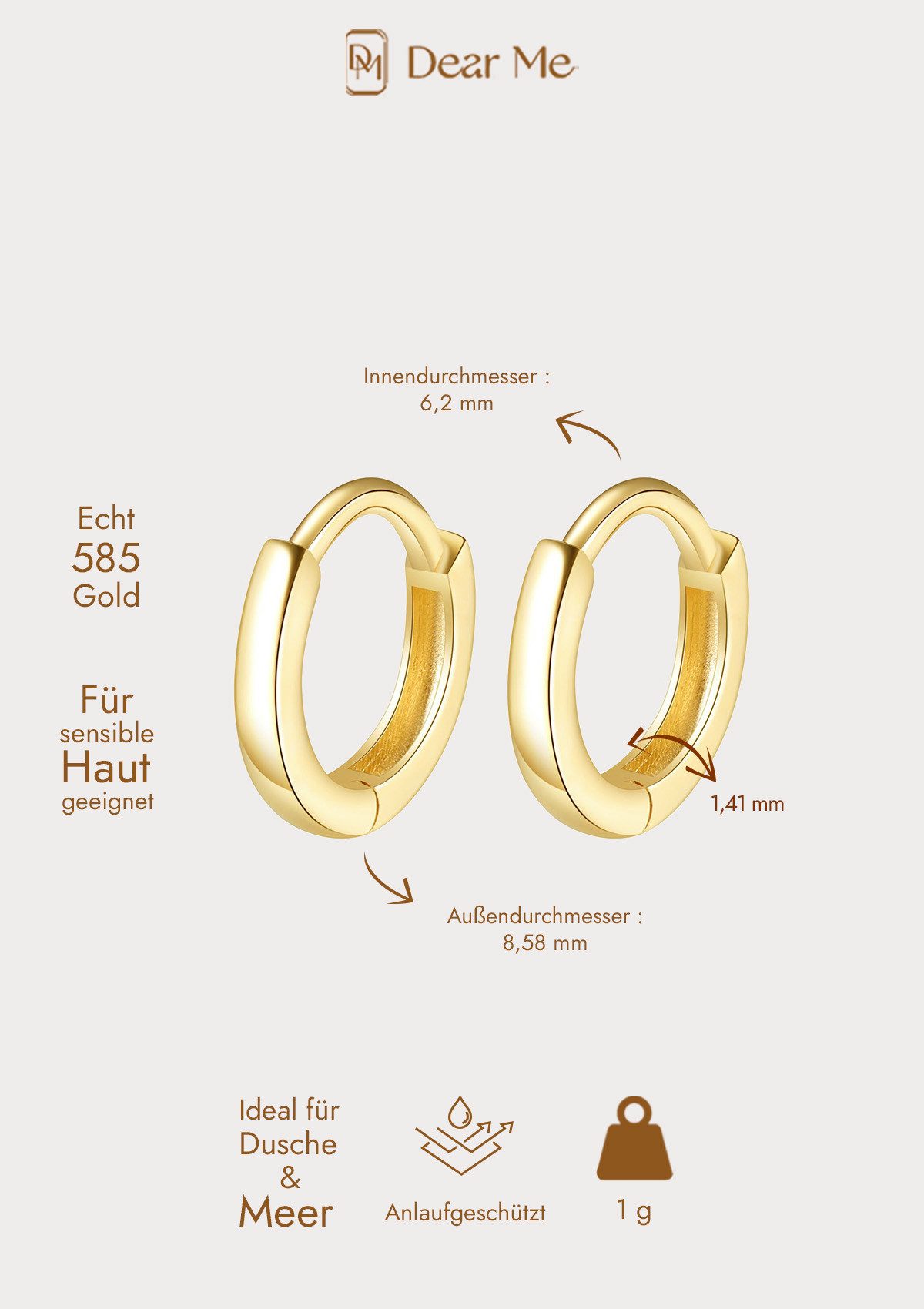 Dear Me Paar Creolen Ohrringe Gold 585 Damen Klein Mittel Groß, Gelbgold Weißgold, Kreis Klappcreolen 14 Karat Gold, Goldohrringe zum Kombinieren