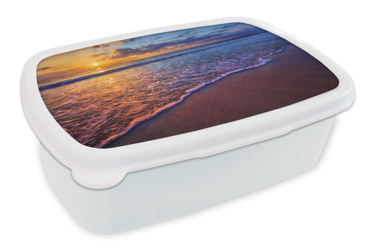 Meer für und - Mädchen Strand Lunchbox Kinder Wolken MuchoWow Brotdose, - Sonnenuntergang Horizont, Erwachsene, Brotbox und Jungs Kunststoff, (2-tlg), - für - weiß