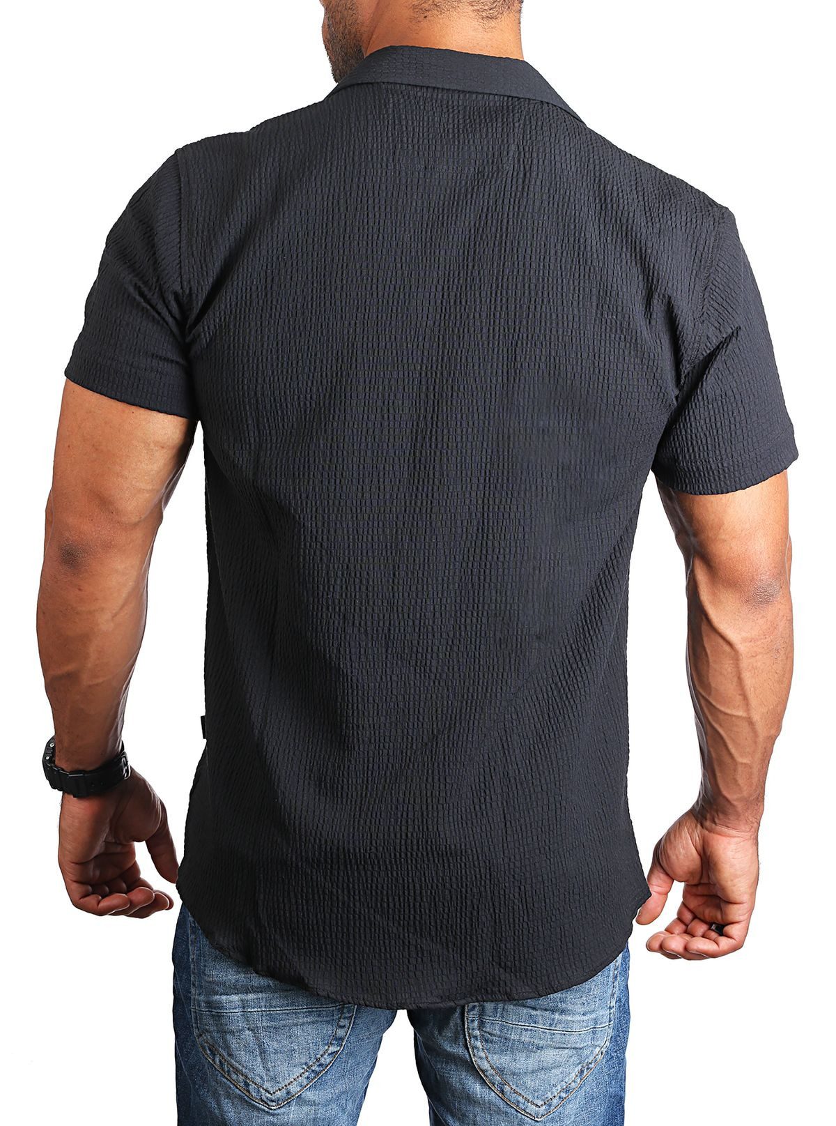 CARISMA Kurzarmhemd Hemd trendige Riffel Optik retro Look stretch 9172 Regular Kurzarm Kentkragen Uni