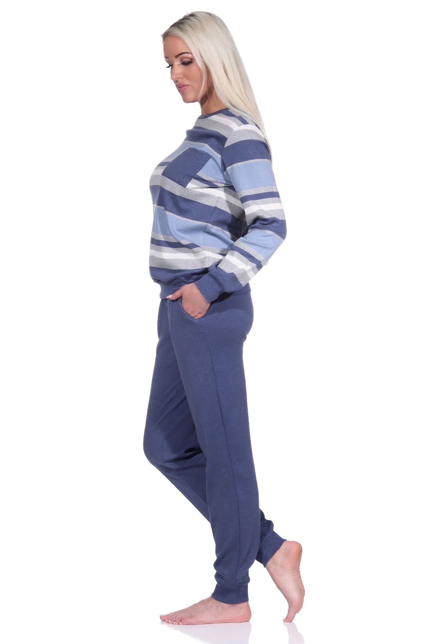 Schlafanzug Qualität blau-melange Interlock Normann mit Pyjama in lang kuscheliger Damen Bündchen
