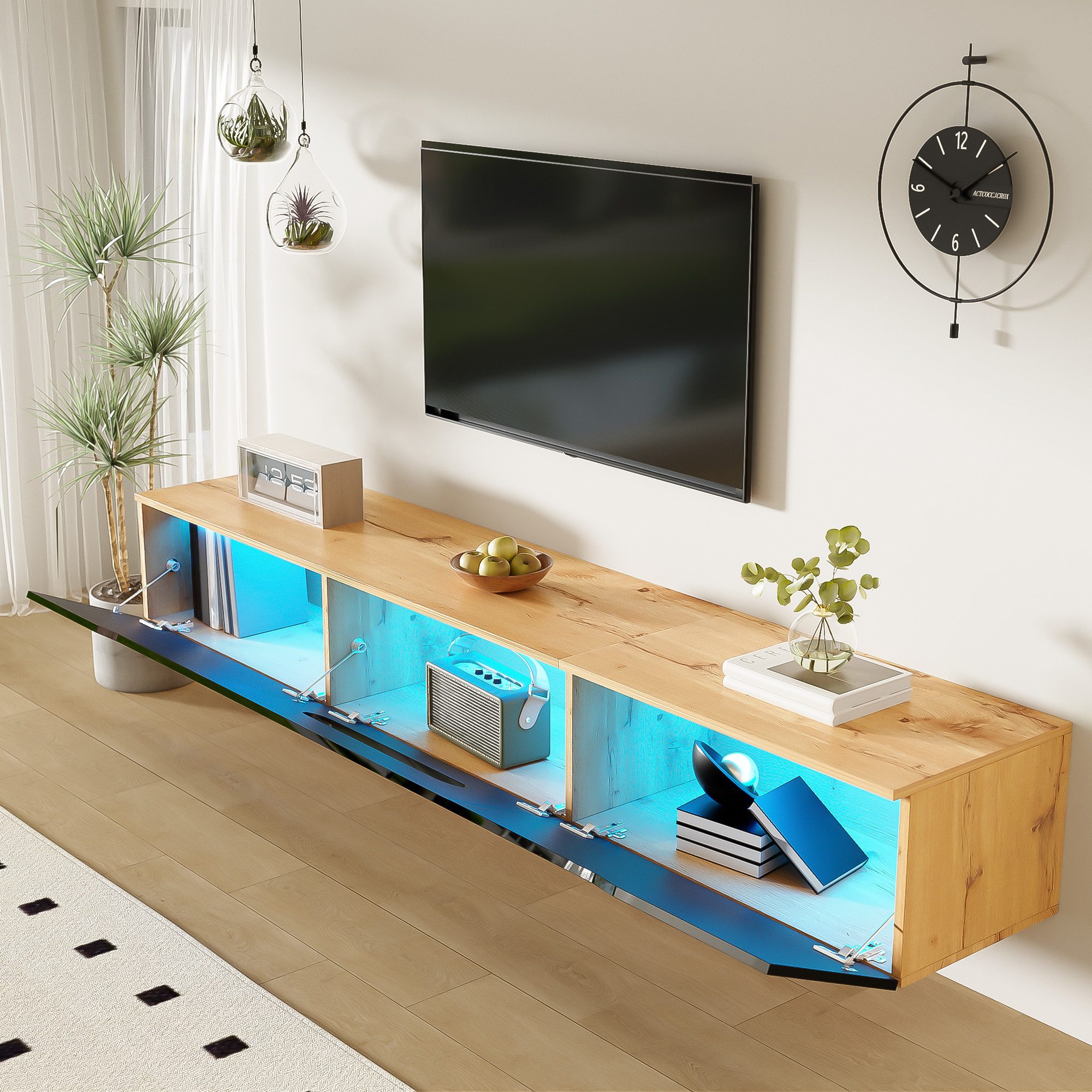 REDOM Lowboard TV-Board mit Hochglanzoberfläche (TV-Glasschrank, Fernsehtisch,TV-Ständer, TV-Panel, 1 St., wandmontierbar oder bodenmontierbar), mit 16-farbiger LED-Beleuchtung