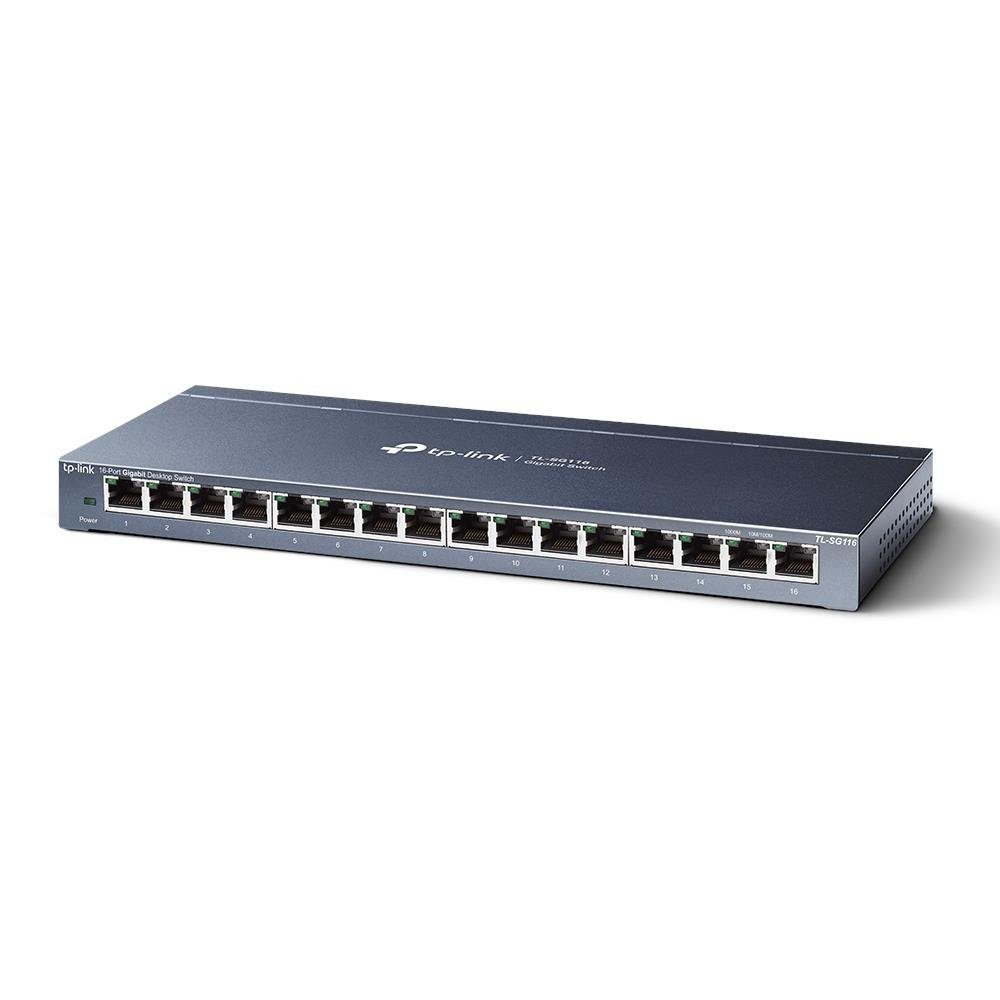 Metallgehäuse (Unmanaged 16-Port TL-SG116 lüfterlos Netzwerk-Switch Schwarz) Plug&Play TP-Link Switch Gigabit Desktop