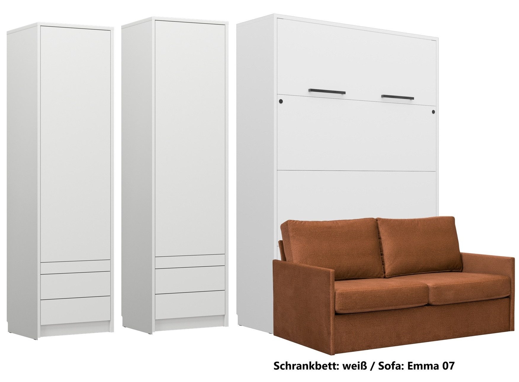 QMM TraumMöbel Schrankbett Wandbett GN 140x200 weiß mit LED, 2 Schränken und Sofa (Set, 4-St., Schrankbett mit Sofa und 2 Schränken) vertikal klappbar, mit LED-Beleuchtung mit Fernbedienung