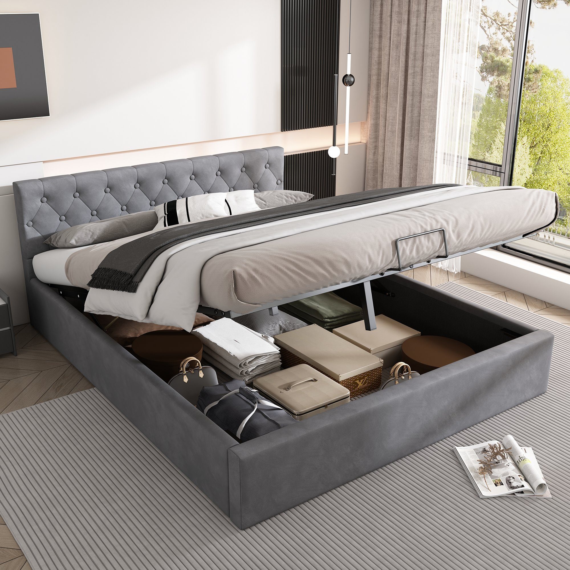 SOFTWEARY Polsterbett (Doppelbett mit Lattenrost und Bettkasten, 140x200 cm), gepolsterter Kopfteil, Bezug aus Samt | Polsterbetten
