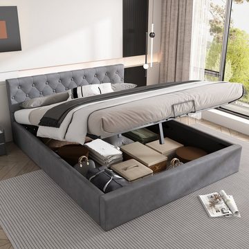 SOFTWEARY Polsterbett (Doppelbett mit Lattenrost und Bettkasten, 140x200 cm), gepolsterter Kopfteil, Bezug aus Samt