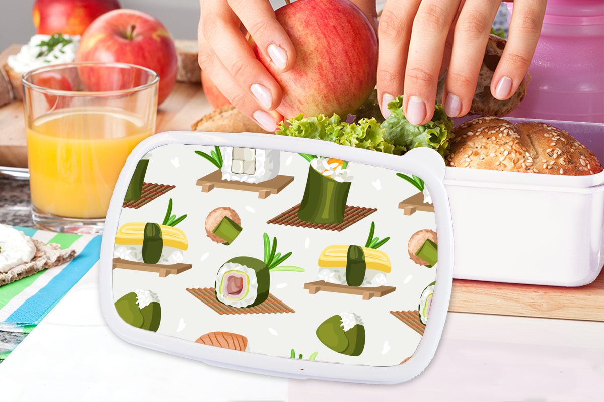 weiß Kinder Sushi Lunchbox MuchoWow und (2-tlg), Brotbox Jungs und Lebensmittel, Brotdose, für Mädchen - Kunststoff, Muster für Erwachsene, -