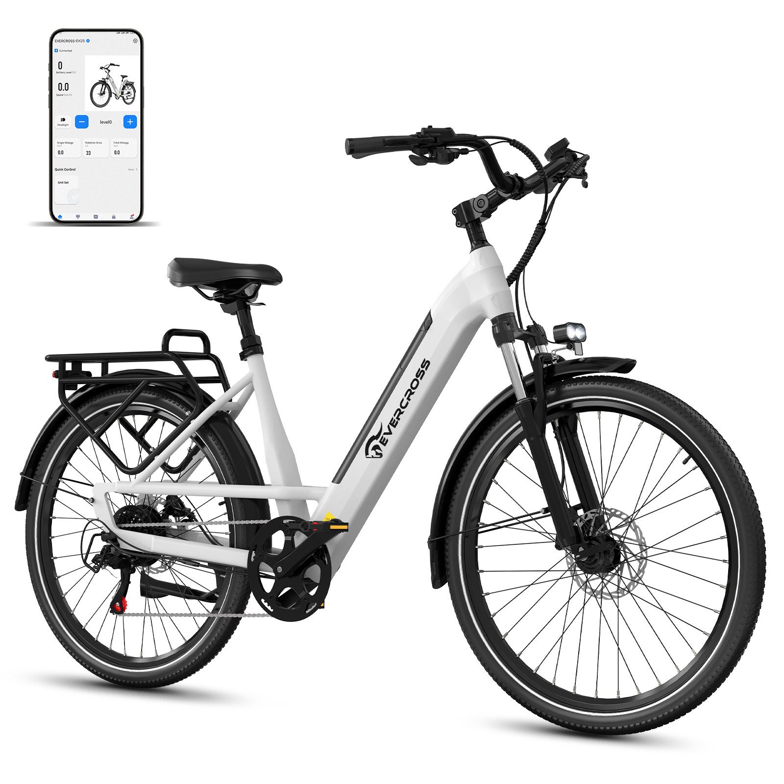 EVERCROSS TECH E-Bike EK25 für Erwachsene, 250W, 36V 13Ah Akku, 60-100km Reichweite, 7 Gang, Heckmotor, 468 Wh, 7-Gang Shimano, App Bluetooth Steuerung, mit Gepäckträger